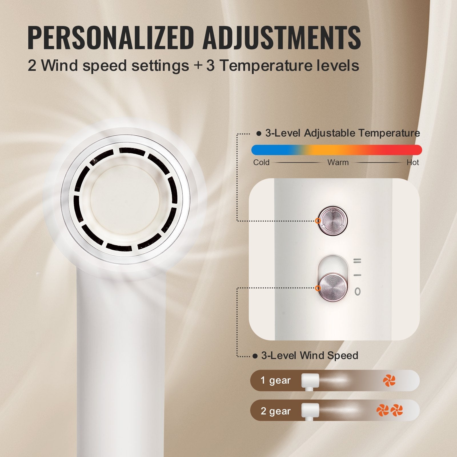 VEVOR High-Speed Hair Dryer with 102,000RPM Brushless Motor, 200 Million Negative Ions Hair Blow Dryer, 3-Color Temp LED Lights & 2 Speeds, Lightweight Hairdryer with Diffuser & Nozzle for Home Travel 