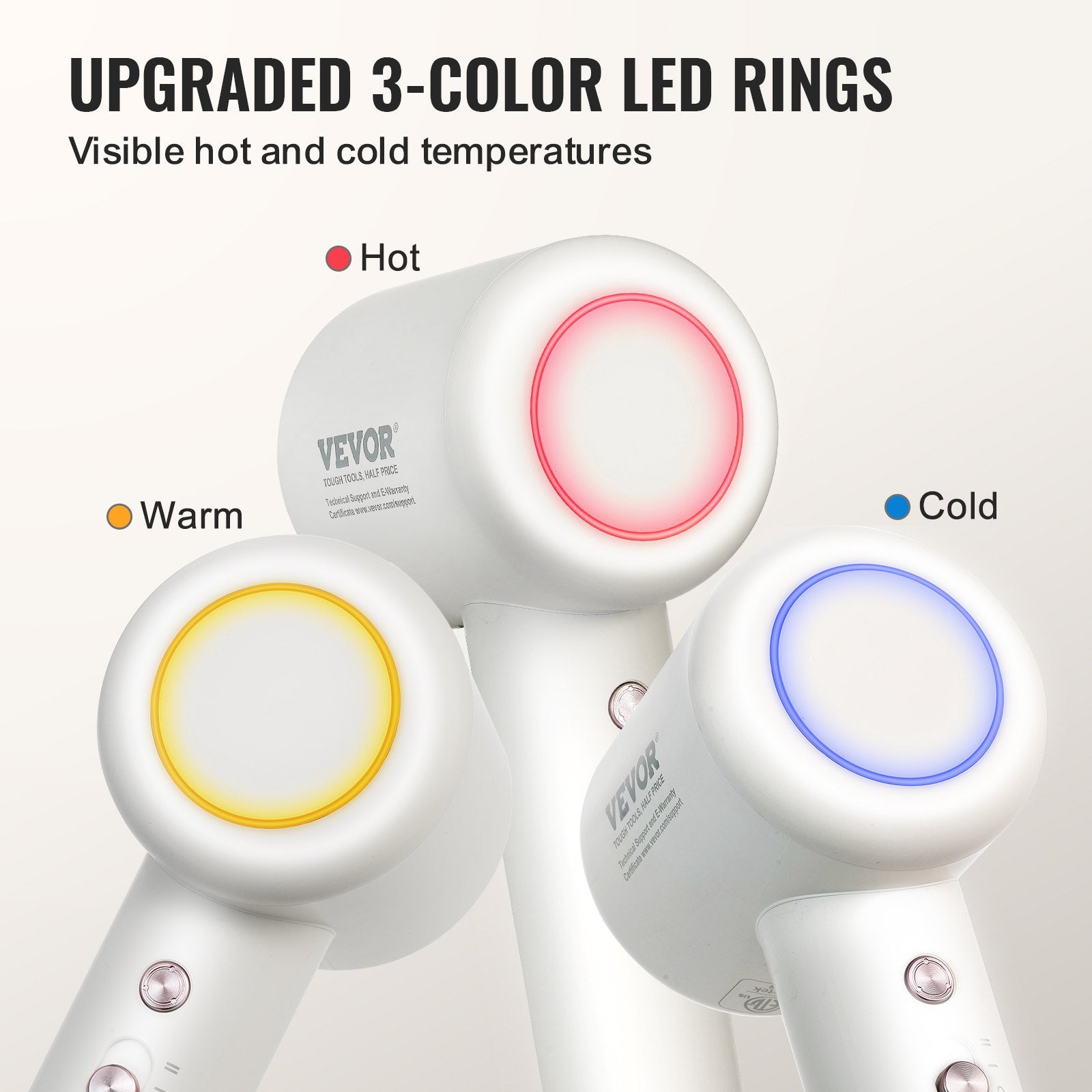 VEVOR High-Speed Hair Dryer with 102,000RPM Brushless Motor, 200 Million Negative Ions Hair Blow Dryer, 3-Color Temp LED Lights & 2 Speeds, Lightweight Hairdryer with Diffuser & Nozzle for Home Travel 