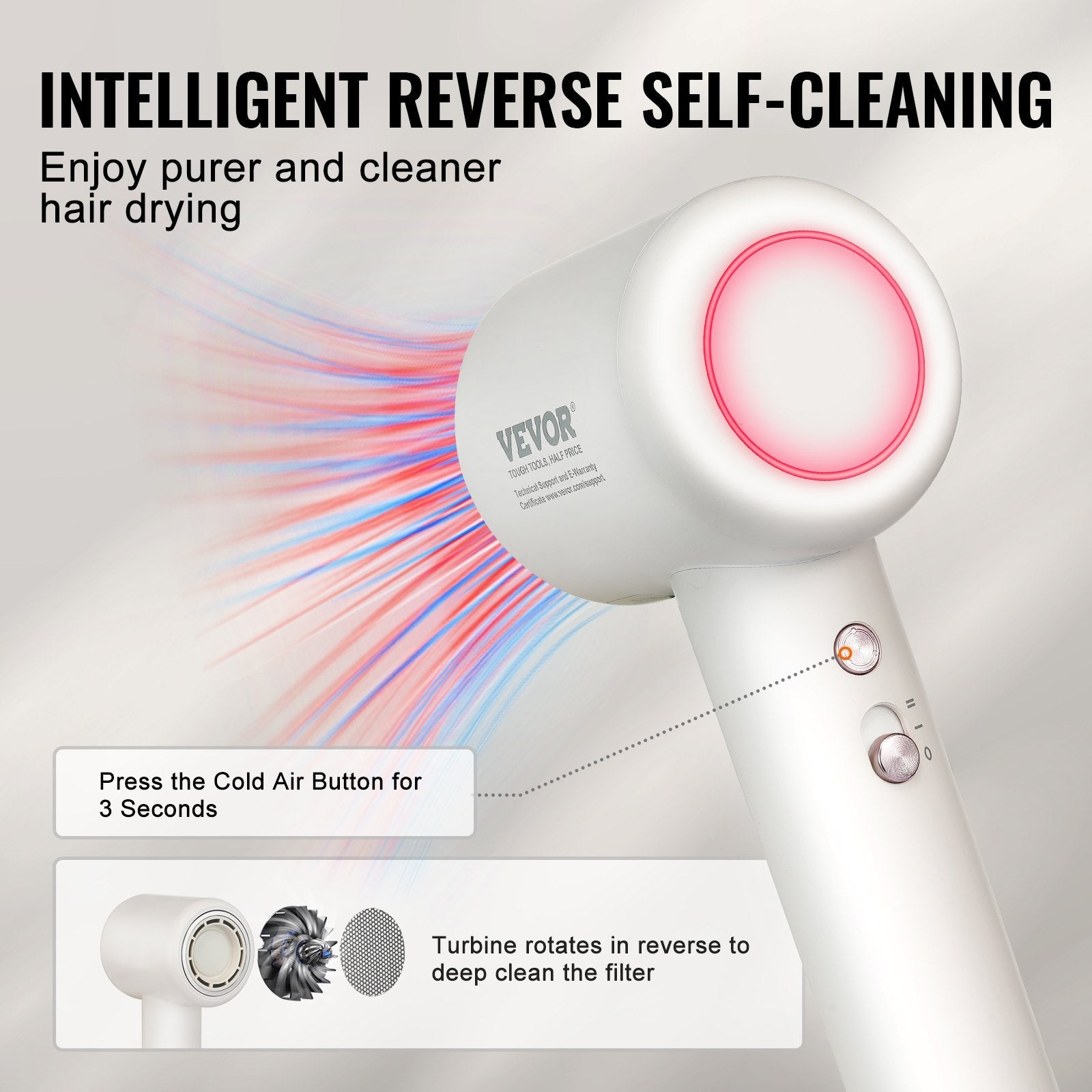 VEVOR High-Speed Hair Dryer with 102,000RPM Brushless Motor, 200 Million Negative Ions Hair Blow Dryer, 3-Color Temp LED Lights & 2 Speeds, Lightweight Hairdryer with Diffuser & Nozzle for Home Travel 