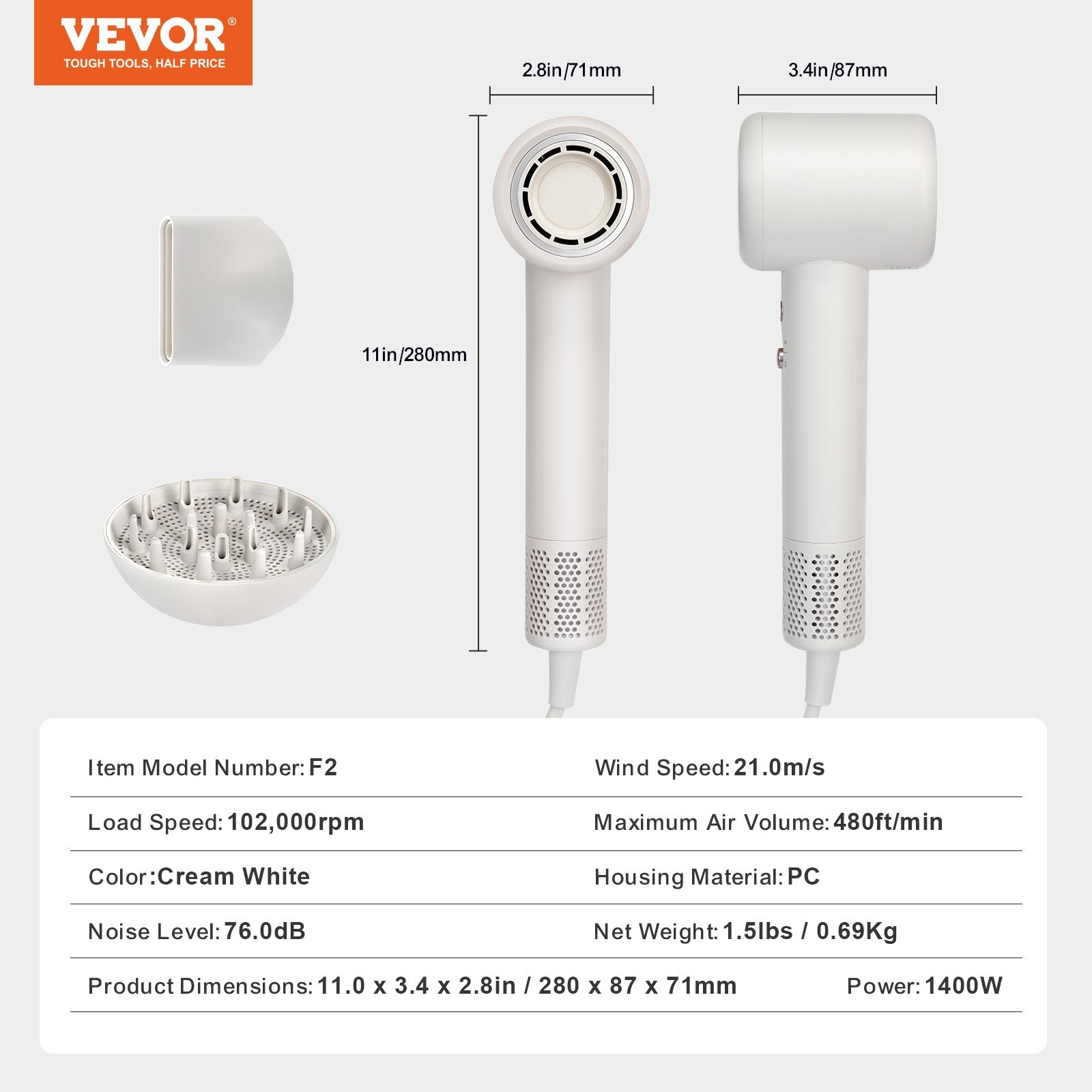 VEVOR High-Speed Hair Dryer with 102,000RPM Brushless Motor, 200 Million Negative Ions Hair Blow Dryer, 3-Color Temp LED Lights & 2 Speeds, Lightweight Hairdryer with Diffuser & Nozzle for Home Travel 