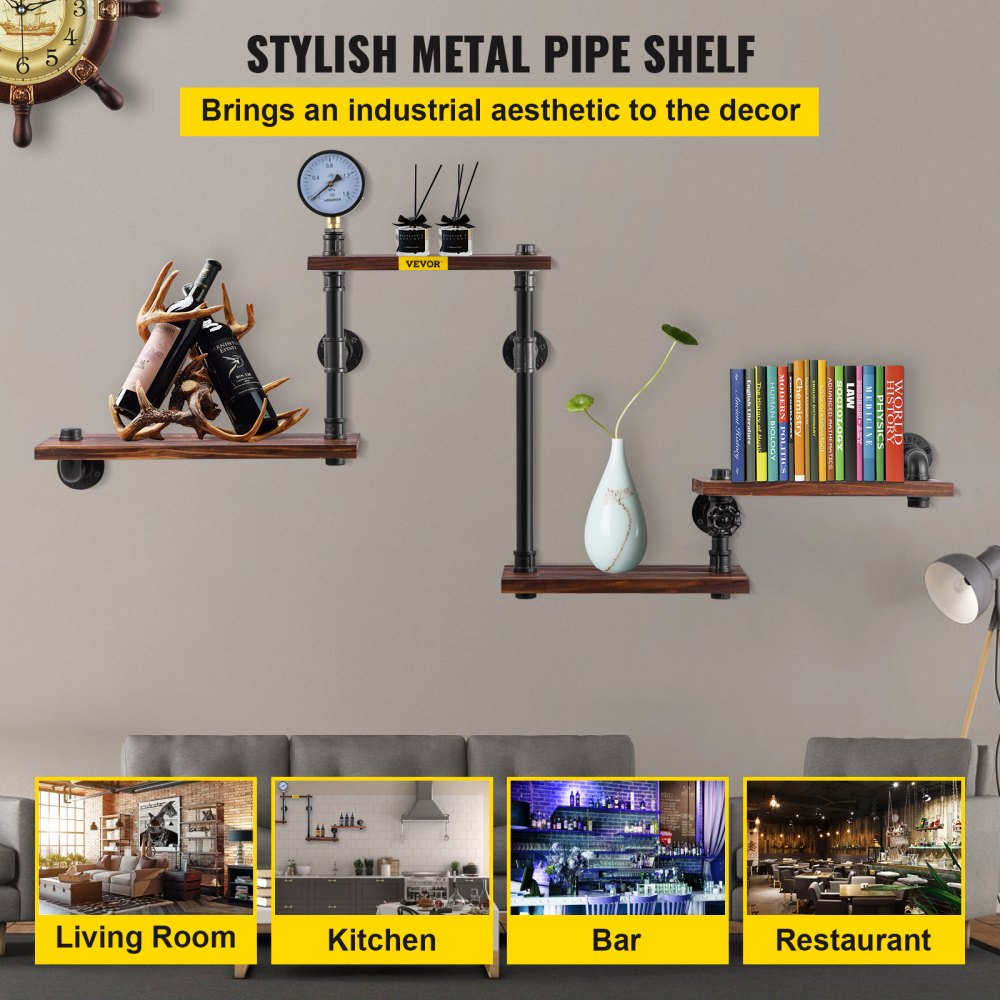 VEVOR Pipe Shelf, Industrial Steel Pipe Shelving w/ 4-Shelf Solid Wood Planks, Modern Rustic Floating Shelves Wall Mounted, DIY Storage Bracket for Bookshelf, Kitchen, Bathroom, Home Decor, Black 
