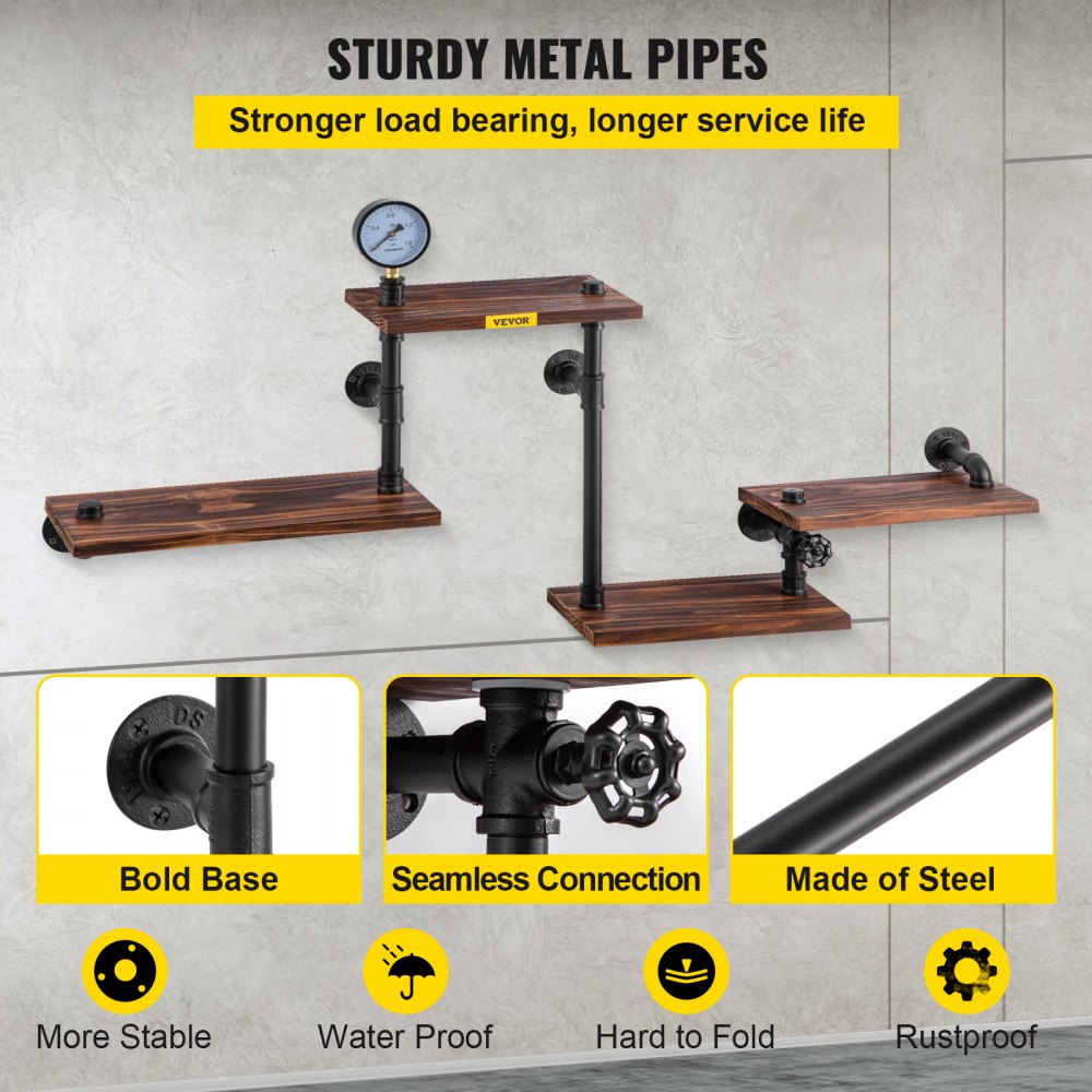VEVOR Pipe Shelf, Industrial Steel Pipe Shelving w/ 4-Shelf Solid Wood Planks, Modern Rustic Floating Shelves Wall Mounted, DIY Storage Bracket for Bookshelf, Kitchen, Bathroom, Home Decor, Black 