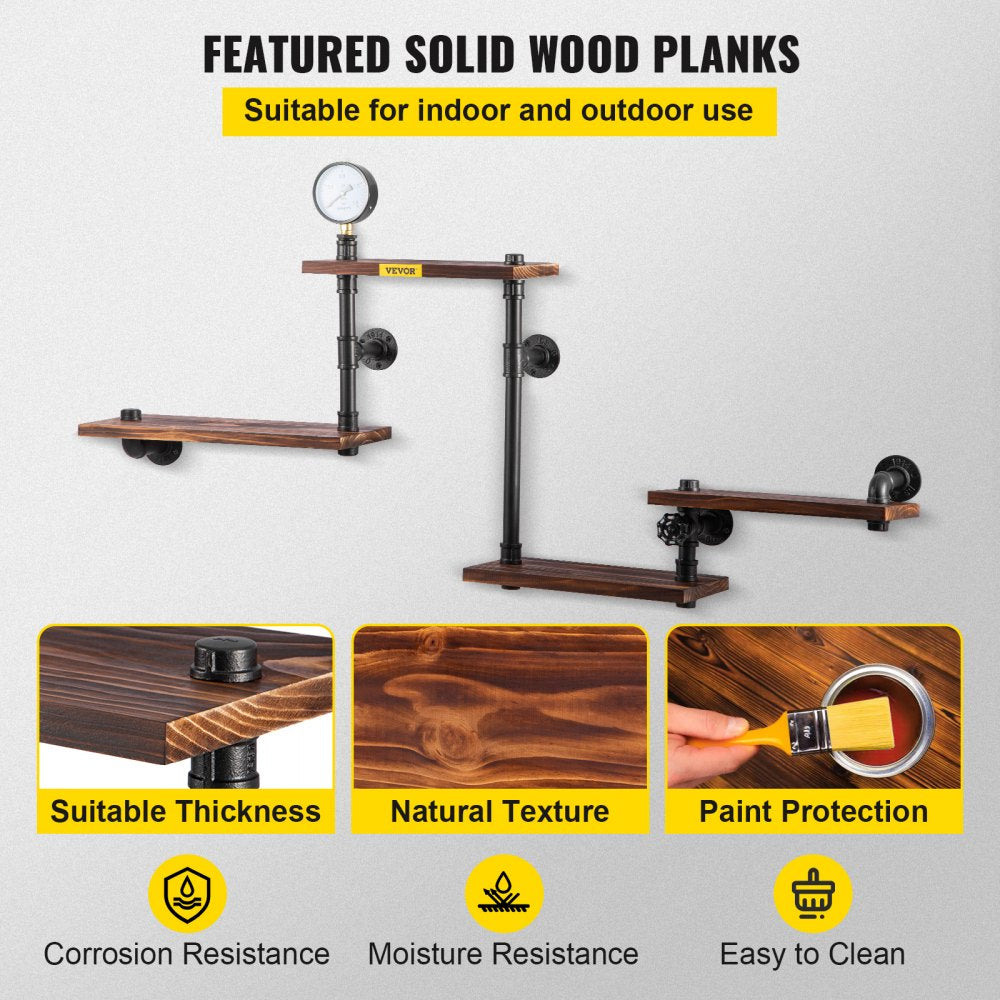 VEVOR Pipe Shelf, Industrial Steel Pipe Shelving w/ 4-Shelf Solid Wood Planks, Modern Rustic Floating Shelves Wall Mounted, DIY Storage Bracket for Bookshelf, Kitchen, Bathroom, Home Decor, Black 