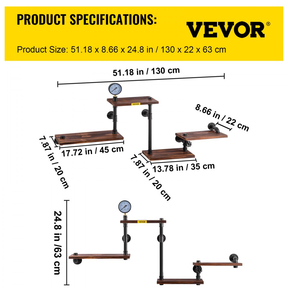 VEVOR Pipe Shelf, Industrial Steel Pipe Shelving w/ 4-Shelf Solid Wood Planks, Modern Rustic Floating Shelves Wall Mounted, DIY Storage Bracket for Bookshelf, Kitchen, Bathroom, Home Decor, Black 