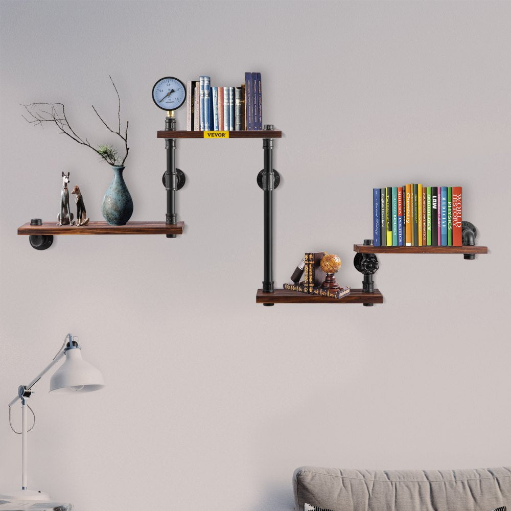 VEVOR Pipe Shelf, Industrial Steel Pipe Shelving w/ 4-Shelf Solid Wood Planks, Modern Rustic Floating Shelves Wall Mounted, DIY Storage Bracket for Bookshelf, Kitchen, Bathroom, Home Decor, Black 