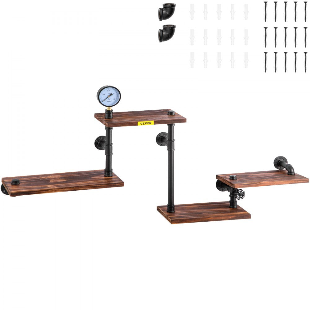 VEVOR Pipe Shelf, Industrial Steel Pipe Shelving w/ 4-Shelf Solid Wood Planks, Modern Rustic Floating Shelves Wall Mounted, DIY Storage Bracket for Bookshelf, Kitchen, Bathroom, Home Decor, Black 