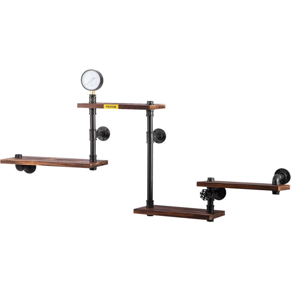 VEVOR Pipe Shelf, Industrial Steel Pipe Shelving w/ 4-Shelf Solid Wood Planks, Modern Rustic Floating Shelves Wall Mounted, DIY Storage Bracket for Bookshelf, Kitchen, Bathroom, Home Decor, Black 