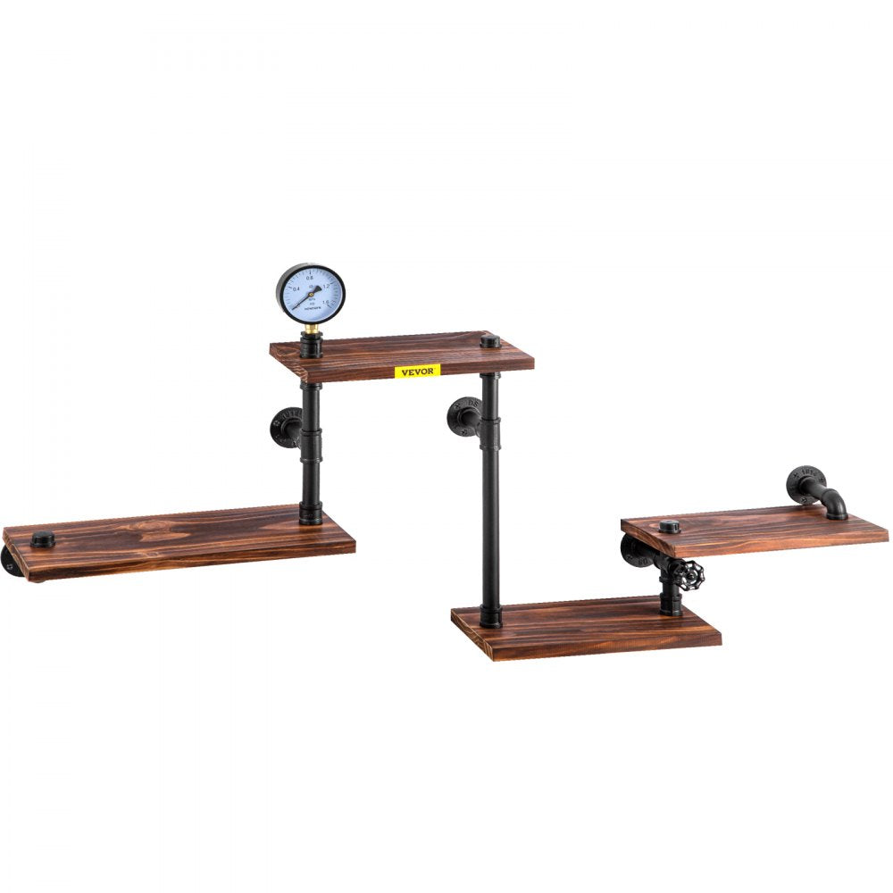 VEVOR Pipe Shelf, Industrial Steel Pipe Shelving w/ 4-Shelf Solid Wood Planks, Modern Rustic Floating Shelves Wall Mounted, DIY Storage Bracket for Bookshelf, Kitchen, Bathroom, Home Decor, Black 