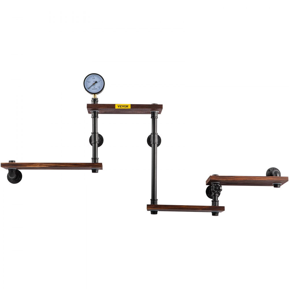 VEVOR Pipe Shelf, Industrial Steel Pipe Shelving w/ 4-Shelf Solid Wood Planks, Modern Rustic Floating Shelves Wall Mounted, DIY Storage Bracket for Bookshelf, Kitchen, Bathroom, Home Decor, Black 