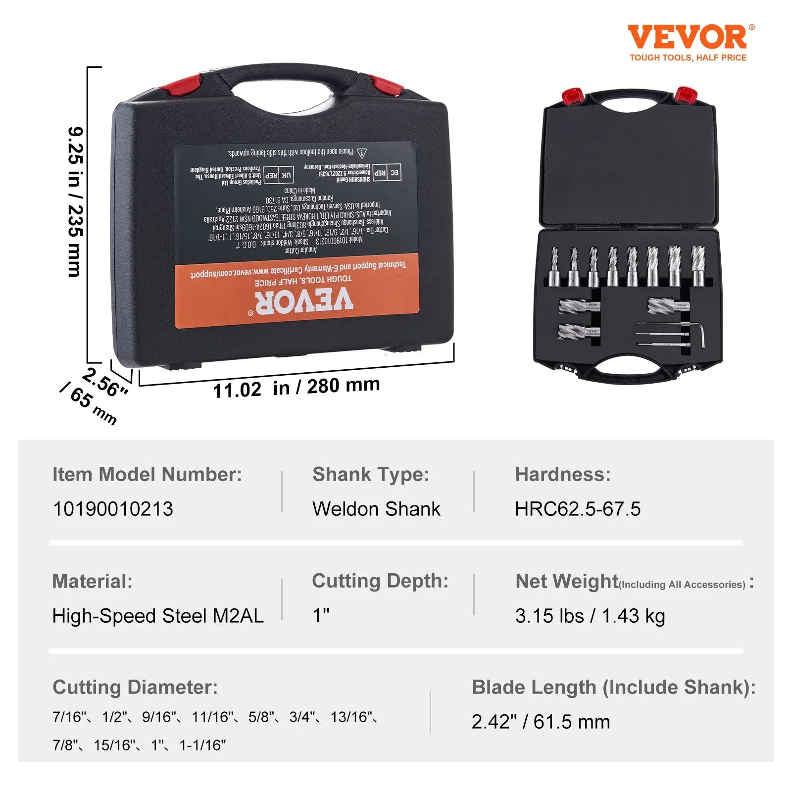 VEVOR Annular Cutter Set, 13 pcs Weldon Shank Mag Drill Bits, 1" Cutting Depth, 7/16" to 1-1/16" Cutting Diameter, M2AL HSS, 2 Pilot Pins, Hex Wrench and Portable Case, for Using with Magnetic Drills