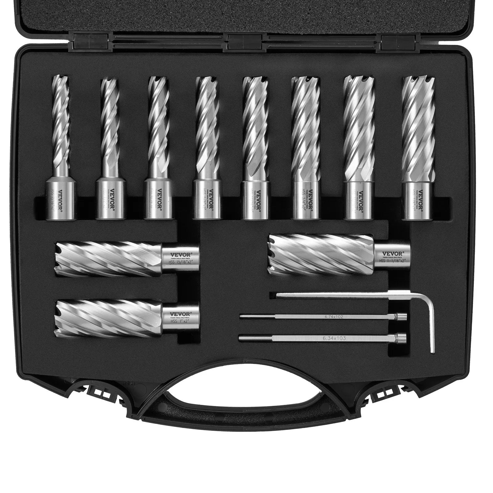 VEVOR Annular Cutter Set, 13 pcs Weldon Shank Mag Drill Bits, 2" Cutting Depth, 7/16" to 1-1/16" Cutting Diameter, M2AL HSS, with 2 Pilot Pins, Hex Wrench and Portable Case, for Using with Magnetic Dr