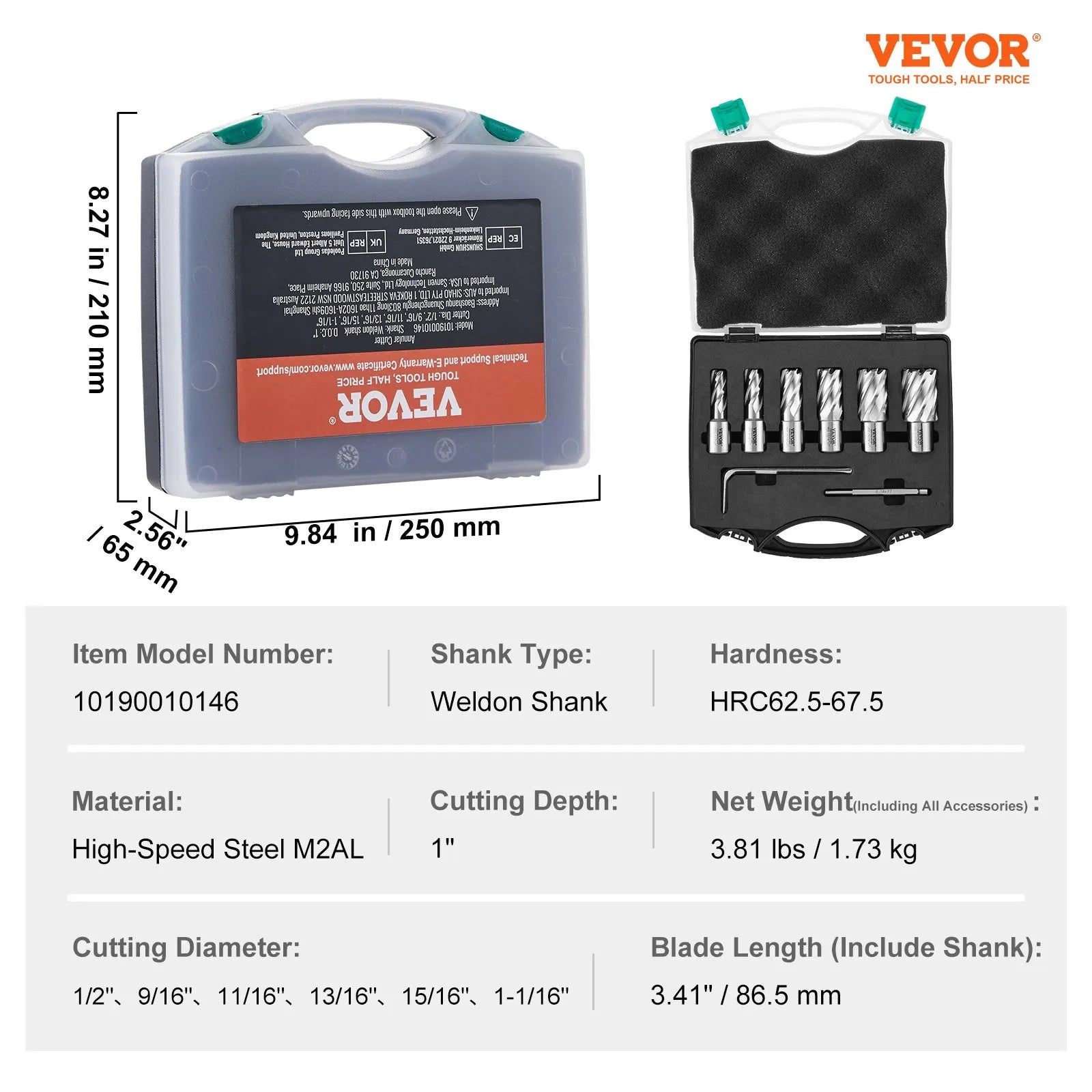 VEVOR Annular Cutter Set, 6 pcs Weldon Shank Mag Drill Bits, 1" Cutting Depth, 1/2" to 1-1/16" Cutting Diameter, M2AL High-Speed Steel, with Pilot Pin and Portable Case, for Using with Magnetic Drills