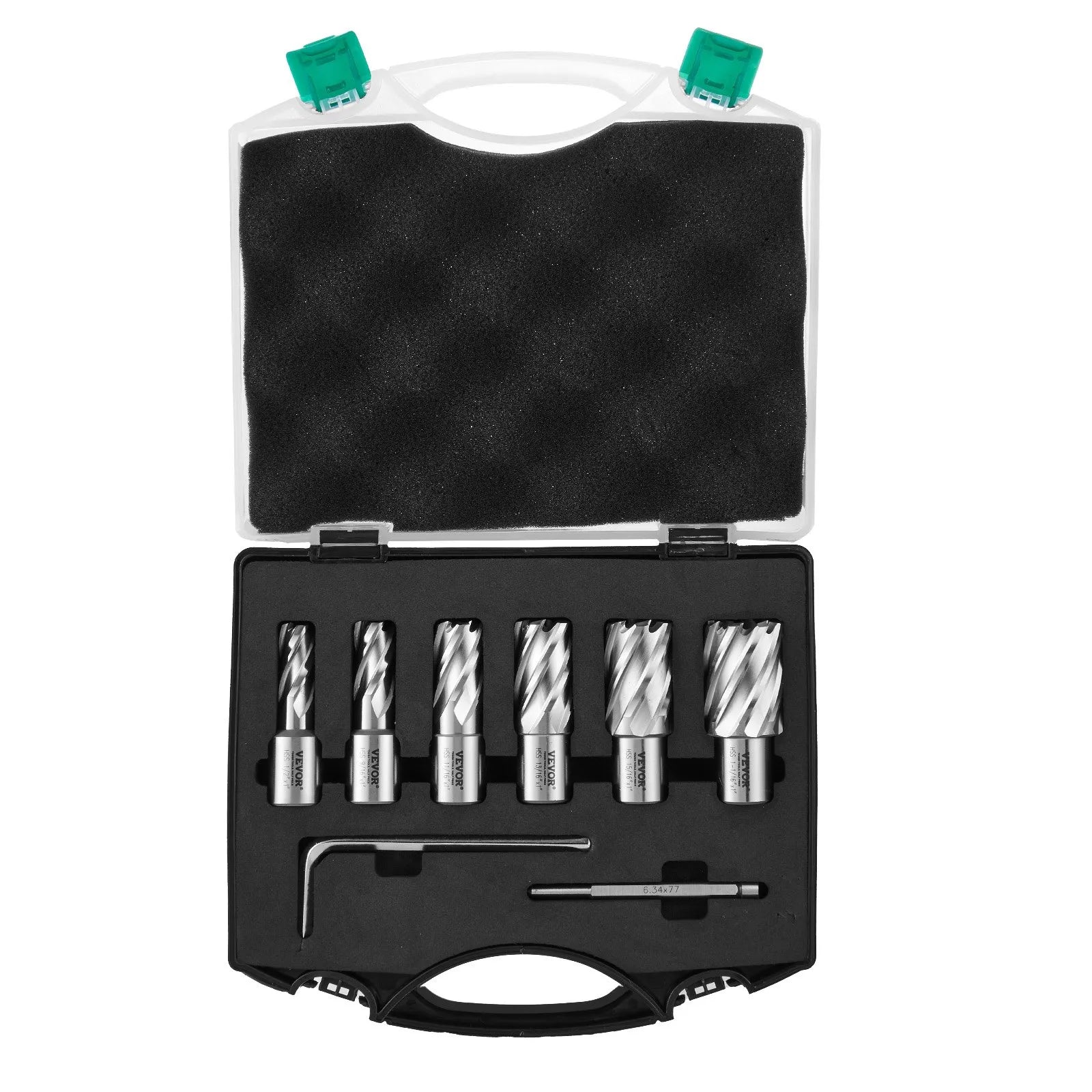 VEVOR Annular Cutter Set, 6 pcs Weldon Shank Mag Drill Bits, 1" Cutting Depth, 1/2" to 1-1/16" Cutting Diameter, M2AL High-Speed Steel, with Pilot Pin and Portable Case, for Using with Magnetic Drills