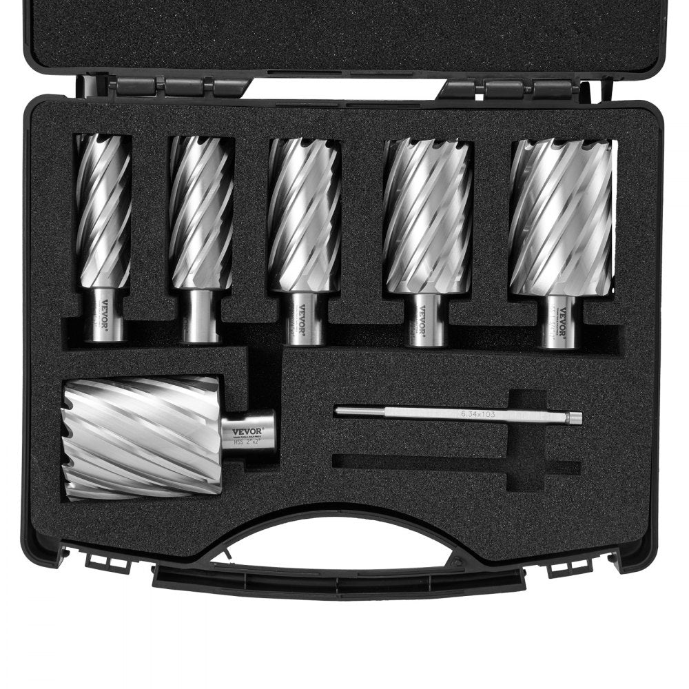 VEVOR Annular Cutter Set, 6 pcs Weldon Shank Mag Drill Bits, 2" Cutting Depth, 1" to 2" Cutting Diameter, M2AL High-Speed Steel, with 2 Pilot Pins and Portable Case, for Using with Magnetic Drills 