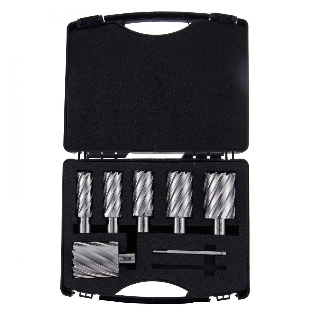 VEVOR Annular Cutter Set, 6 pcs Weldon Shank Mag Drill Bits, 2" Cutting Depth, 1" to 2" Cutting Diameter, M2AL High-Speed Steel, with 2 Pilot Pins and Portable Case, for Using with Magnetic Drills 