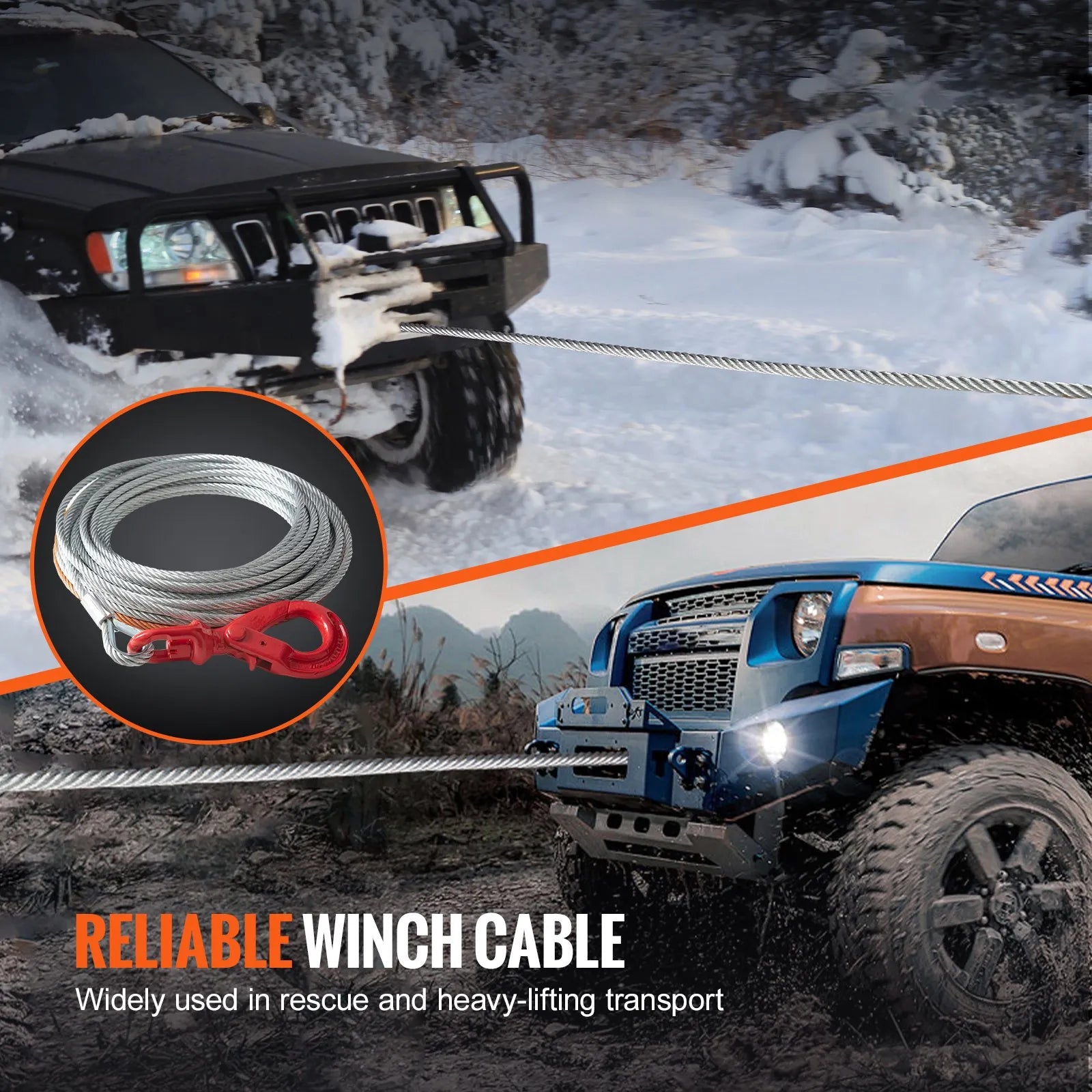 VEVOR Galvanized Steel Winch Cable, 3/8 Inch x 50 Feet 15,200 lbs Breaking Strength, Wire Winch Rope with Swivel Hook, Towing Cable Heavy Duty, Universal Fit for SUV, Large Off-Road Vehicle, Truck