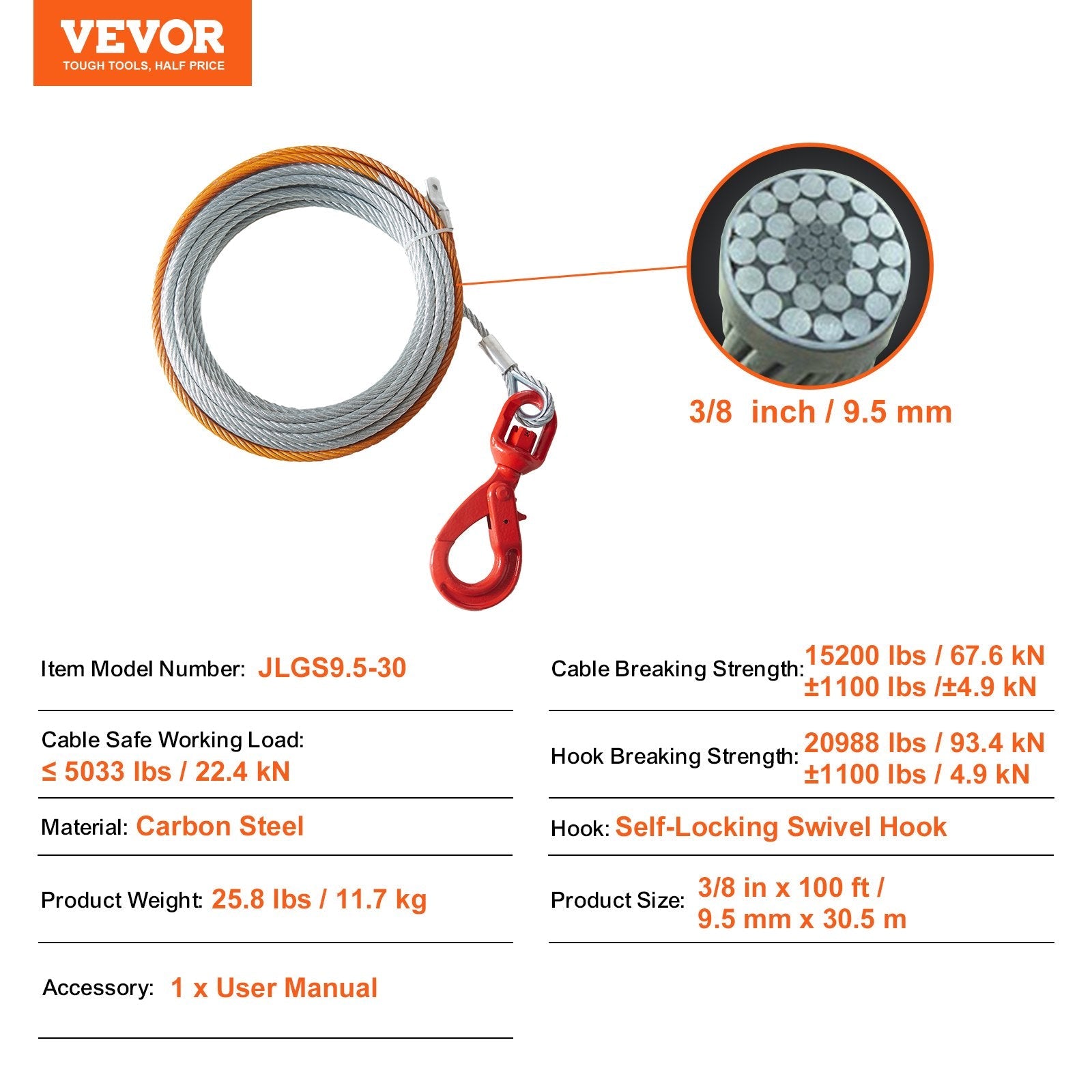 VEVOR Galvanized Steel Winch Cable, 3/8 Inch x 100 Feet 15,200 lbs Breaking Strength, Wire Winch Rope with Swivel Hook, Towing Cable Heavy Duty, Universal Fit for SUV, Large Off-Road Vehicle, Truck 