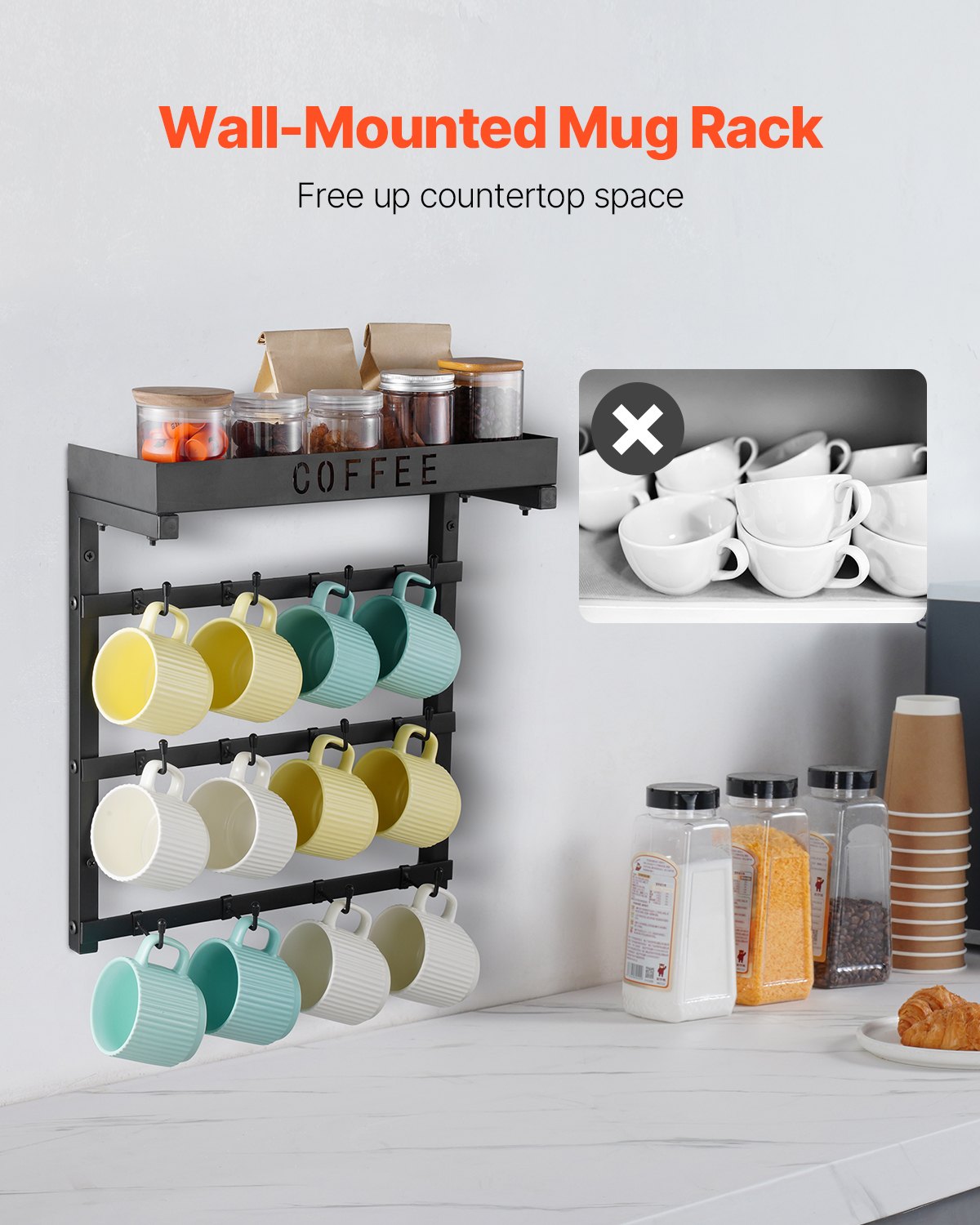 VEVOR Coffee Mug Holder Wall Mounted w/ 12 Movable Hooks and Top Shelf Cup Rack 