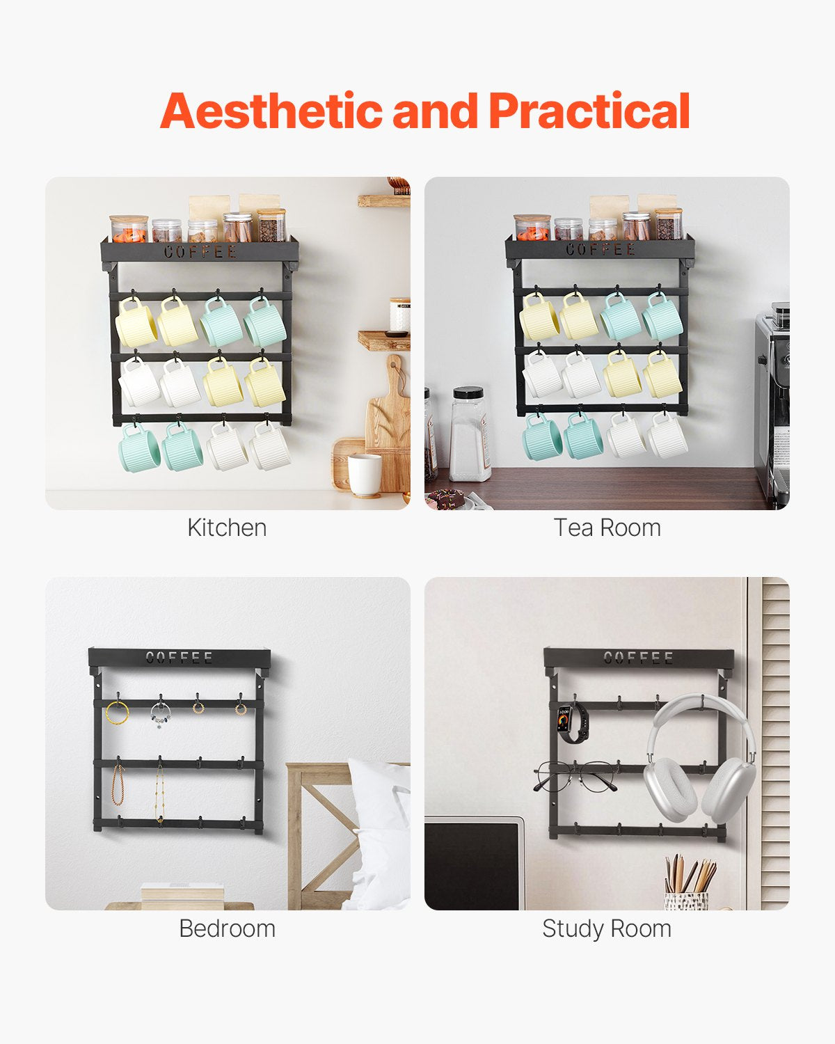 VEVOR Coffee Mug Holder Wall Mounted w/ 12 Movable Hooks and Top Shelf Cup Rack 