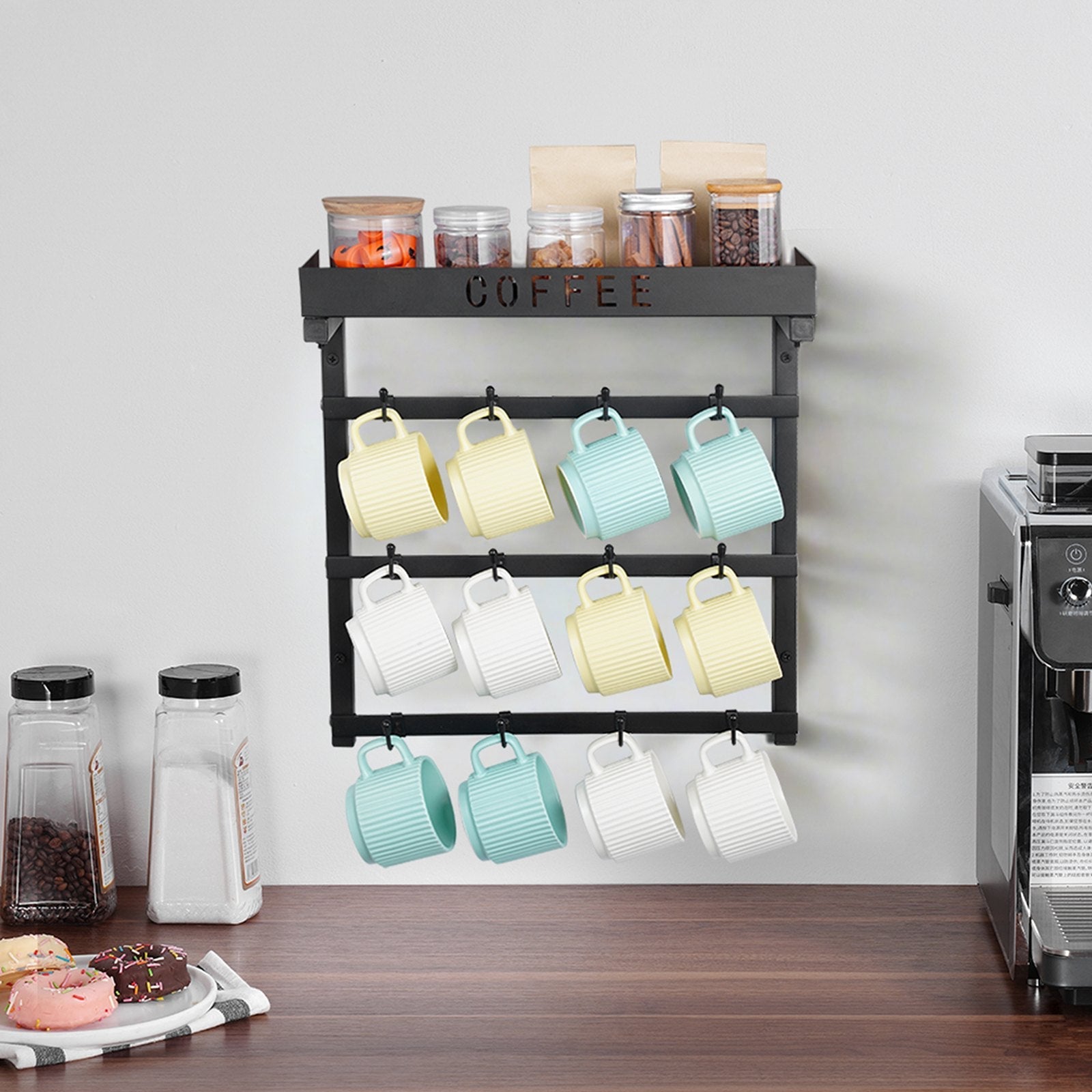 VEVOR Coffee Mug Holder Wall Mounted w/ 12 Movable Hooks and Top Shelf Cup Rack 
