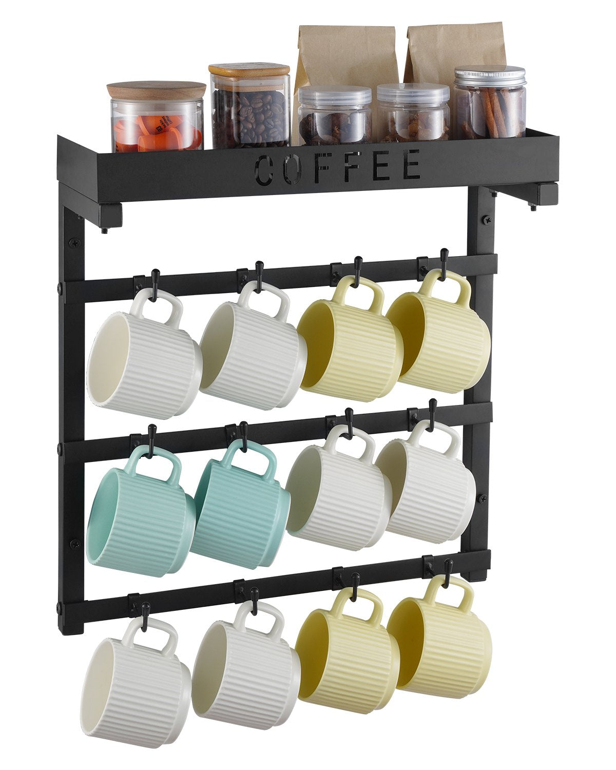 VEVOR Coffee Mug Holder Wall Mounted w/ 12 Movable Hooks and Top Shelf Cup Rack 