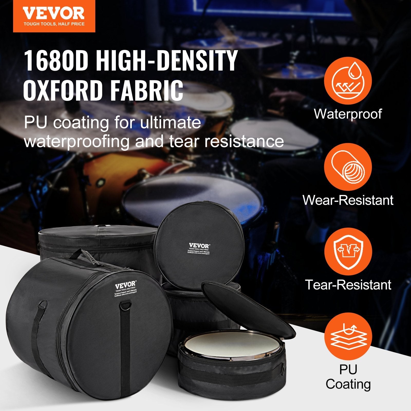 VEVOR 5-Piece Drum Bag Set, 1680D Oxford Fabric, Padded Drum Bags and Cases with 4.92 ft Detachable Shoulder Strap Carry Handles Foldable Design, for 22'' Kick 12'' Tom 13'' Tom 16'' Tom 14'' Snare 