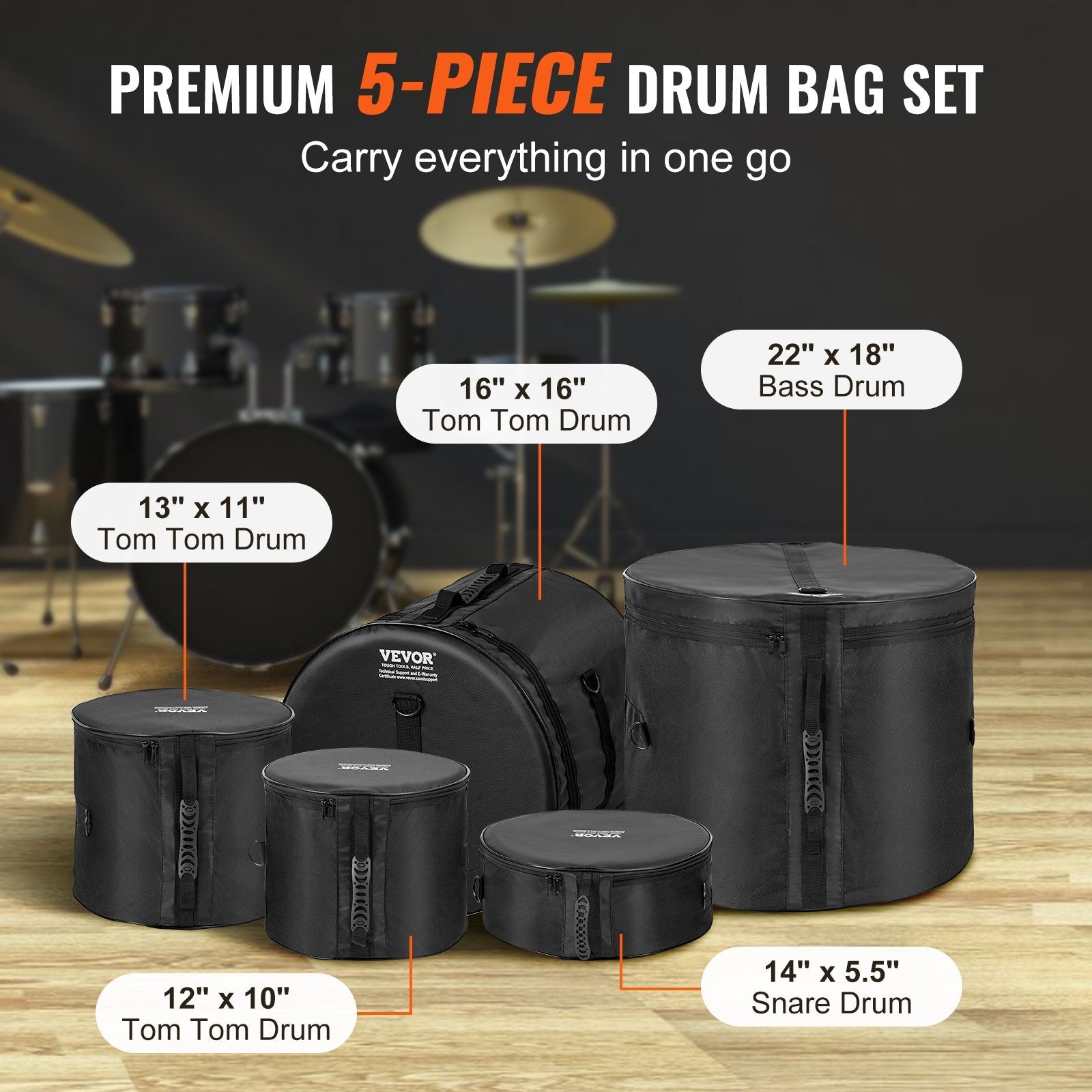 VEVOR 5-Piece Drum Bag Set, 1680D Oxford Fabric, Padded Drum Bags and Cases with 4.92 ft Detachable Shoulder Strap Carry Handles Foldable Design, for 22'' Kick 12'' Tom 13'' Tom 16'' Tom 14'' Snare 