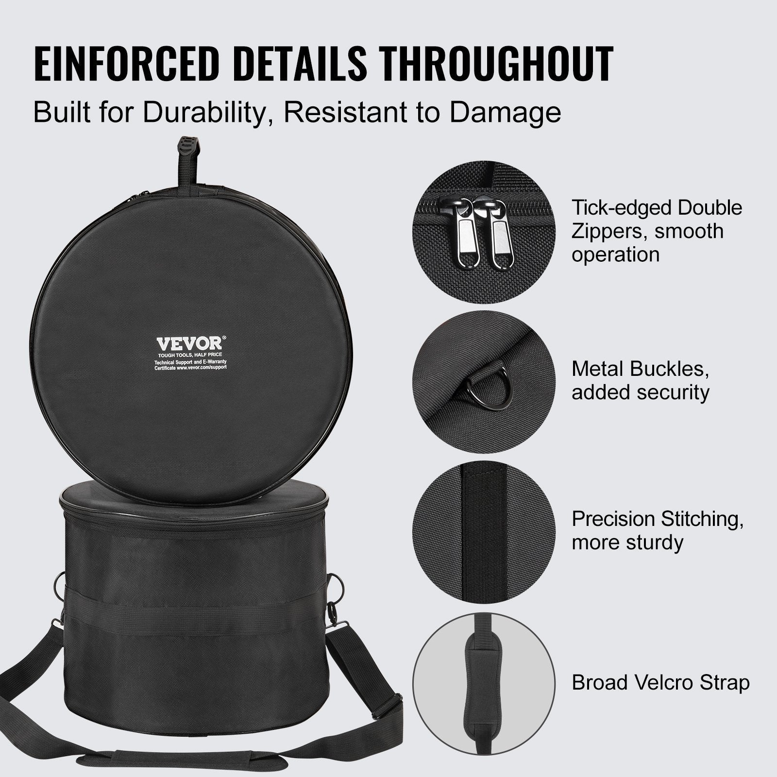 VEVOR 5-Piece Drum Bag Set, 1680D Oxford Fabric, Padded Drum Bags and Cases with 4.92 ft Detachable Shoulder Strap Carry Handles Foldable Design, for 22'' Kick 12'' Tom 13'' Tom 16'' Tom 14'' Snare 