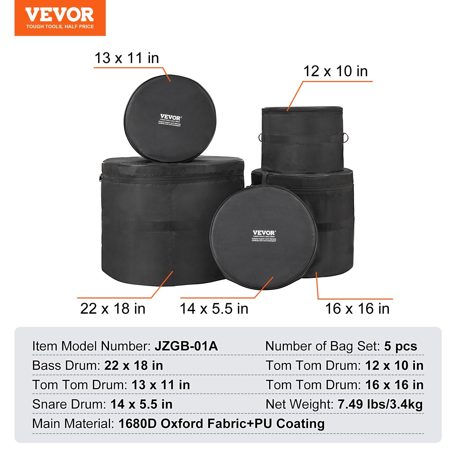 VEVOR 5-Piece Drum Bag Set, 1680D Oxford Fabric, Padded Drum Bags and Cases with 4.92 ft Detachable Shoulder Strap Carry Handles Foldable Design, for 22'' Kick 12'' Tom 13'' Tom 16'' Tom 14'' Snare 
