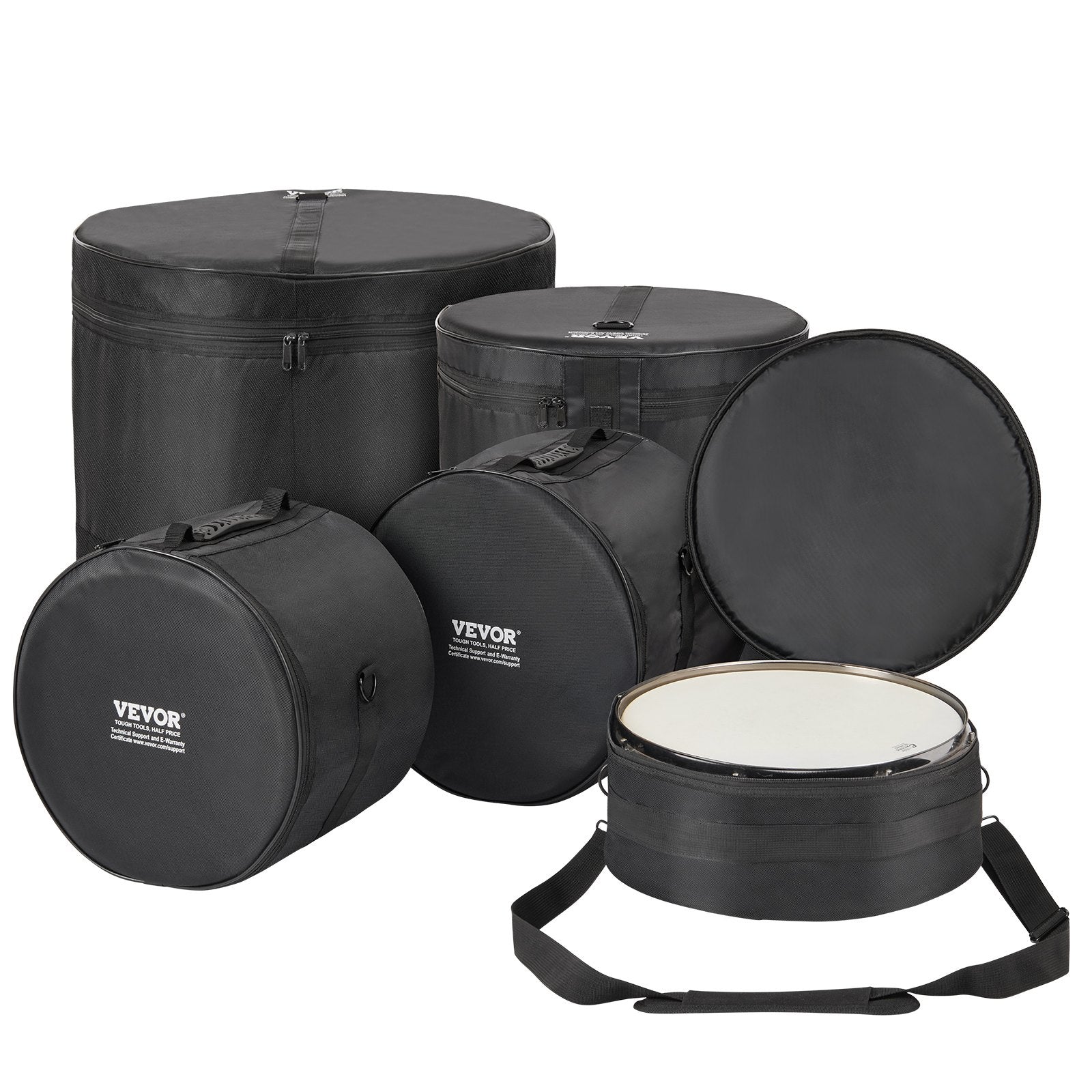 VEVOR 5-Piece Drum Bag Set, 1680D Oxford Fabric, Padded Drum Bags and Cases with 4.92 ft Detachable Shoulder Strap Carry Handles Foldable Design, for 22'' Kick 12'' Tom 13'' Tom 16'' Tom 14'' Snare 