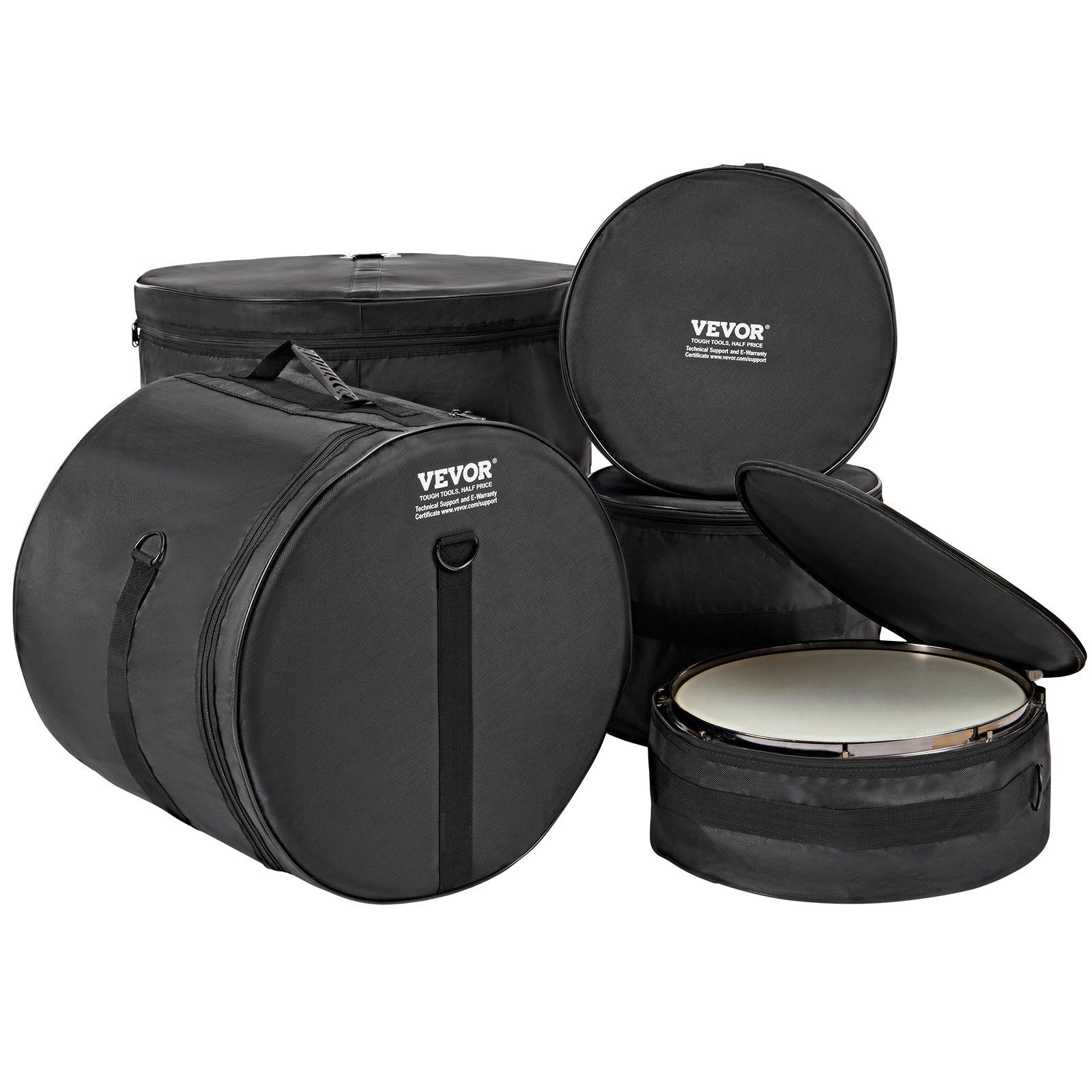 VEVOR 5-Piece Drum Bag Set, 1680D Oxford Fabric, Padded Drum Bags and Cases with 4.92 ft Detachable Shoulder Strap Carry Handles Foldable Design, for 22'' Kick 12'' Tom 13'' Tom 16'' Tom 14'' Snare 