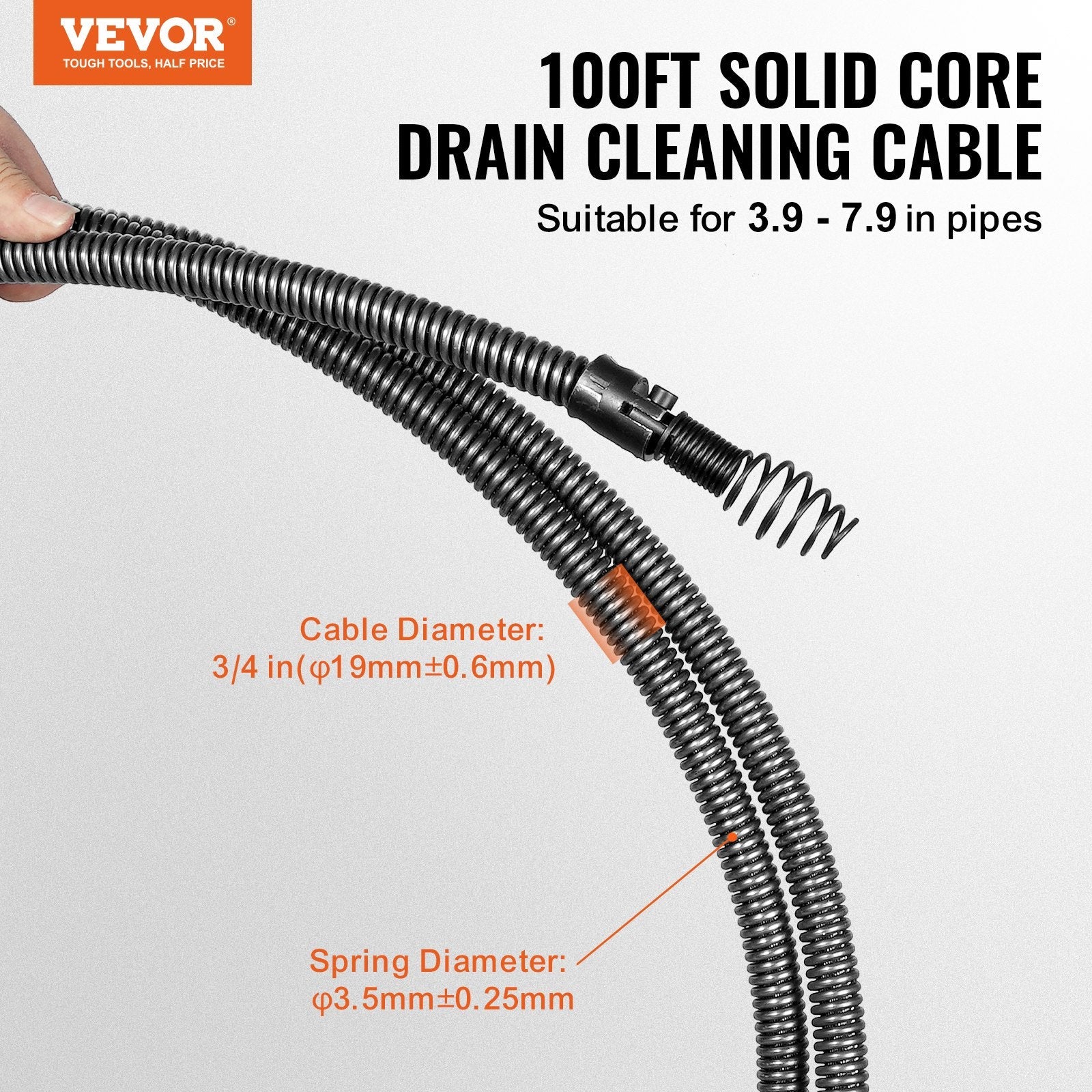 VEVOR Drain Cleaning Cable 100 FT x 3/4 Inch, Solid Core Steel Drain Cleaner Cable with 4 Cutters for 3.9" to 7.9" Pipes, Professional Inner Core Sewer Drain Auger Cable for Sink, Floor Drain, Toilet 