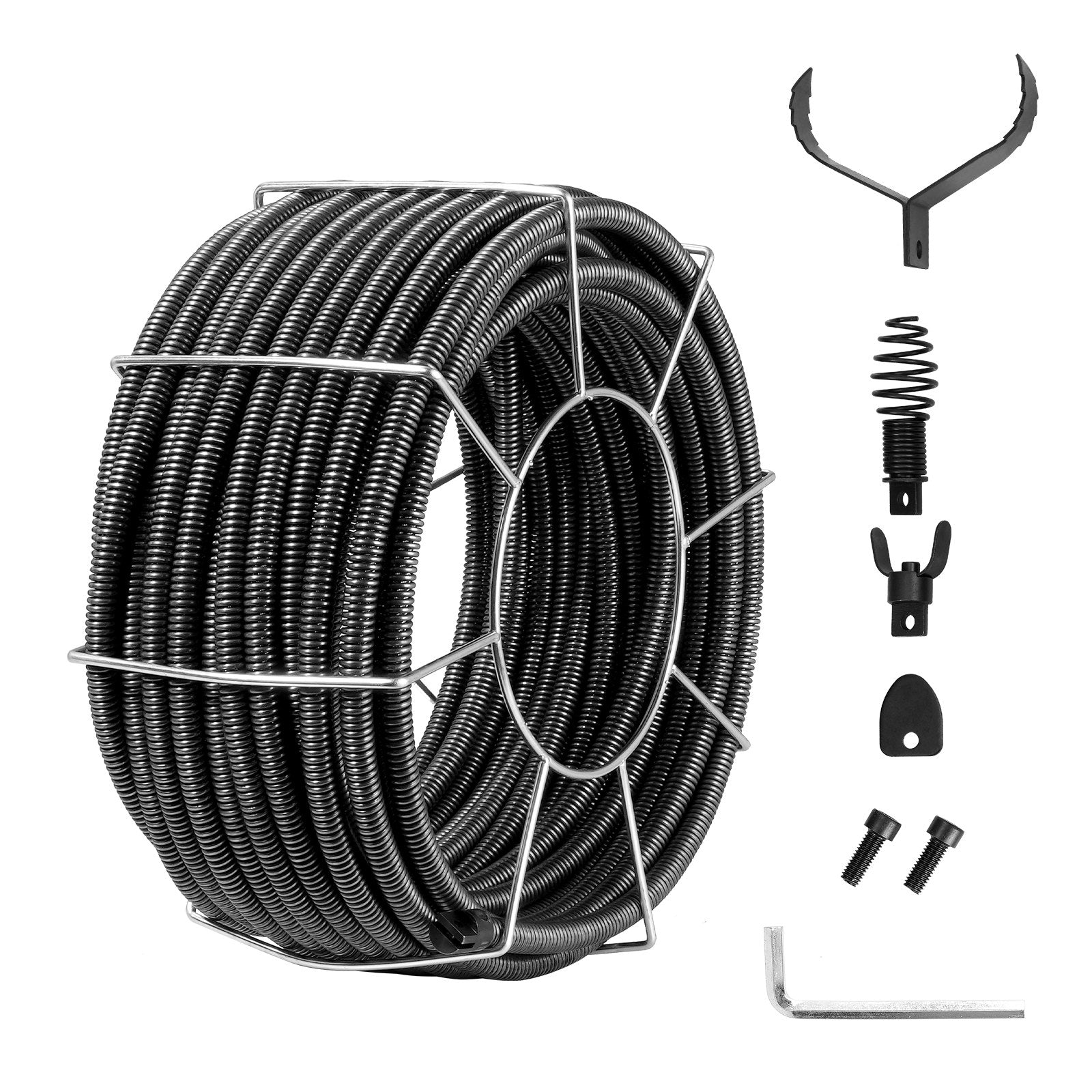 VEVOR Drain Cleaning Cable 100 FT x 3/4 Inch, Solid Core Steel Drain Cleaner Cable with 4 Cutters for 3.9" to 7.9" Pipes, Professional Inner Core Sewer Drain Auger Cable for Sink, Floor Drain, Toilet 