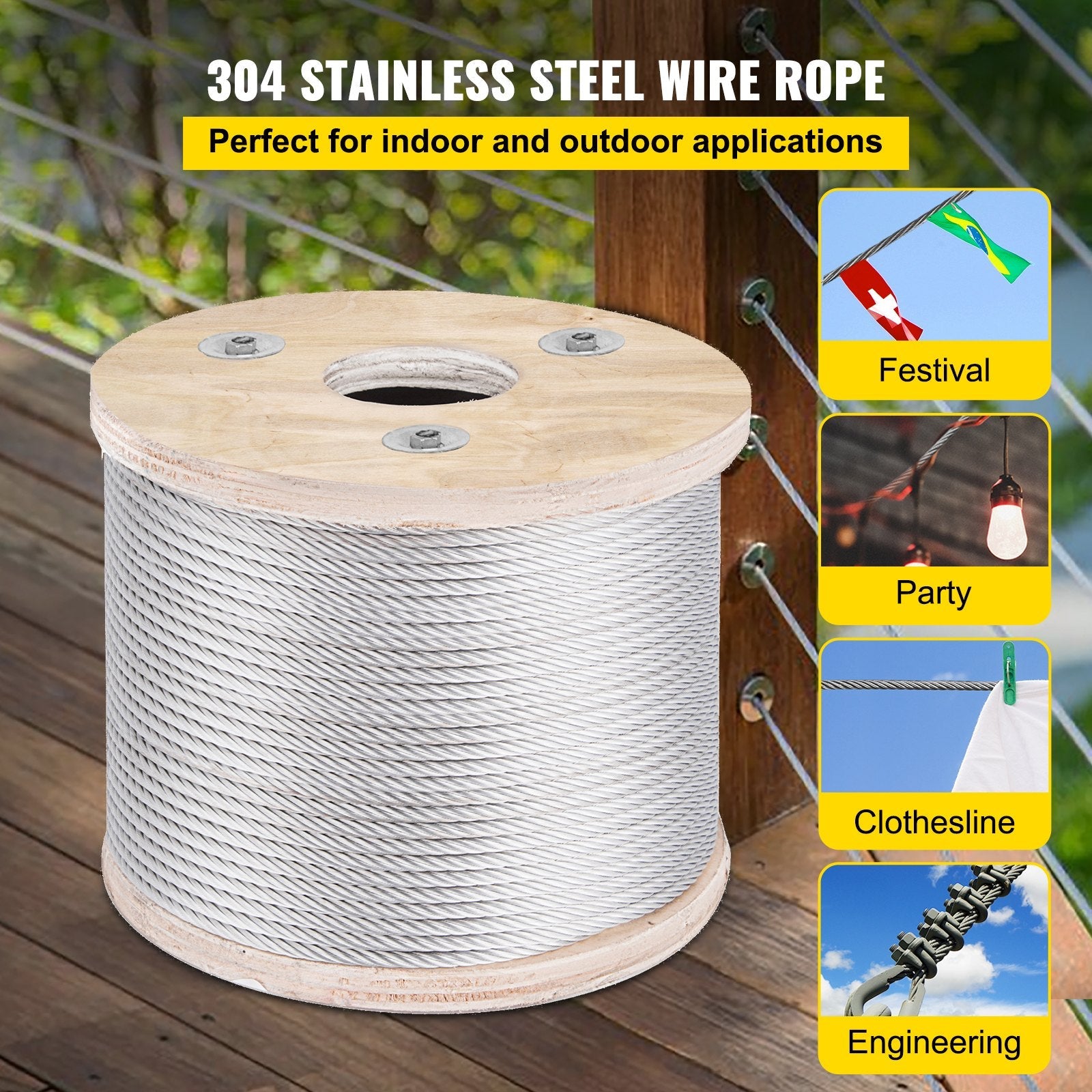 VEVOR 304 Stainless Steel Cable Railing 3/16" x 250ft, Wire Rope 304 Marine Grade, Braided Aircraft Cable 7x19 Strands Construction for Deck,Rail,Balusters,Stair,Handrail,Porch,Fence 
