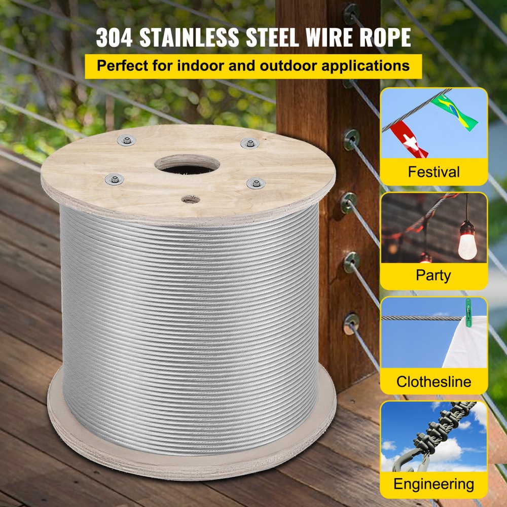 Vevor T304 Stainless Steel Cable Wire Rope 1/4" 7x19 Construction 200ft Reel 