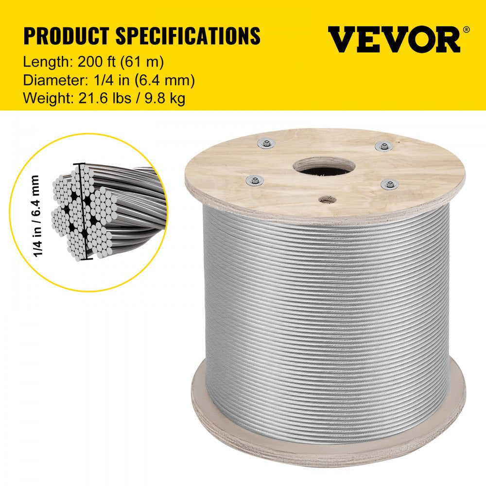 Vevor T304 Stainless Steel Cable Wire Rope 1/4" 7x19 Construction 200ft Reel 