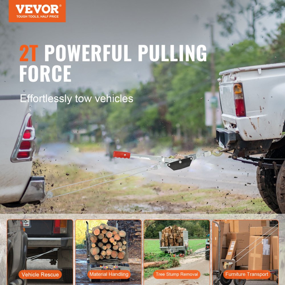 VEVOR Come Along Winch, 2 Ton (4,409 lbs) Pulling Capacity, 12 ft Steel Cable, 2 Hooks, Heavy Duty Ratchet Power Puller Tool with Dual Gears, Automotive Hoist Cable Puller Ideal for Vehicle Rescue 