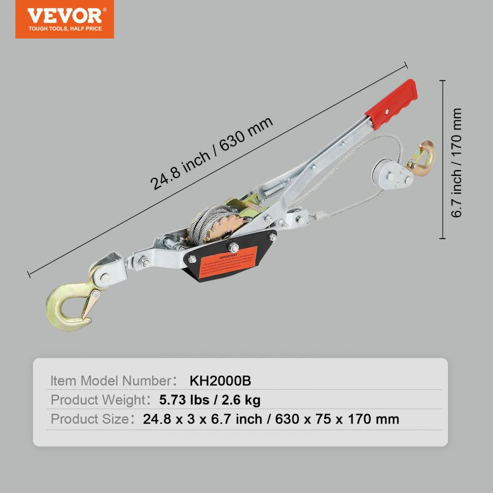 VEVOR Come Along Winch, 2 Ton (4,409 lbs) Pulling Capacity, 12 ft Steel Cable, 2 Hooks, Heavy Duty Ratchet Power Puller Tool with Dual Gears, Automotive Hoist Cable Puller Ideal for Vehicle Rescue 