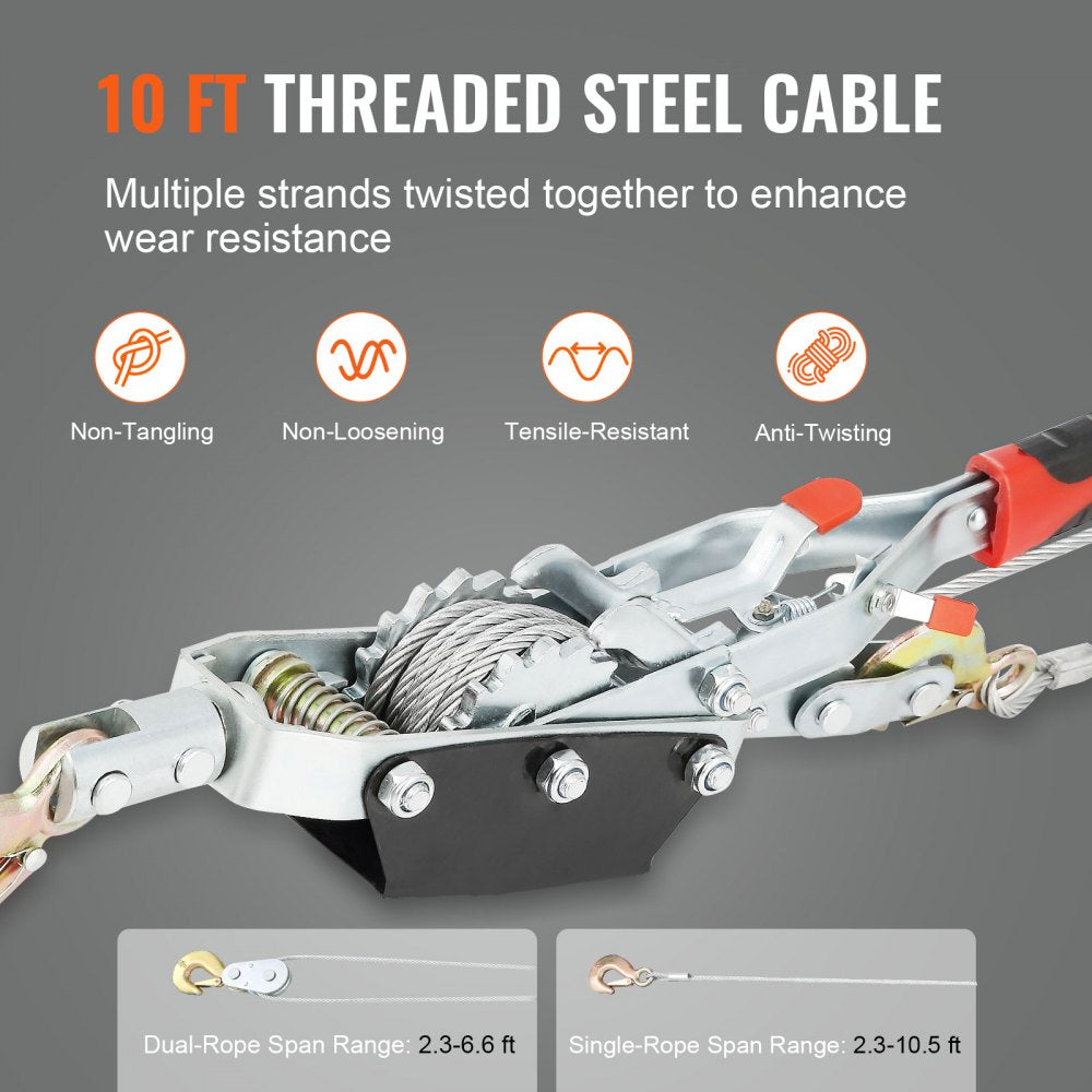 VEVOR Come Along Winch, 4 Ton (8,818 lbs) Pulling Capacity, 10 ft Steel Cable, 3 Hooks, Heavy Duty Ratchet Power Puller Tool with Dual Gears, Automotive Hoist Cable Puller Ideal for Vehicle Rescue 