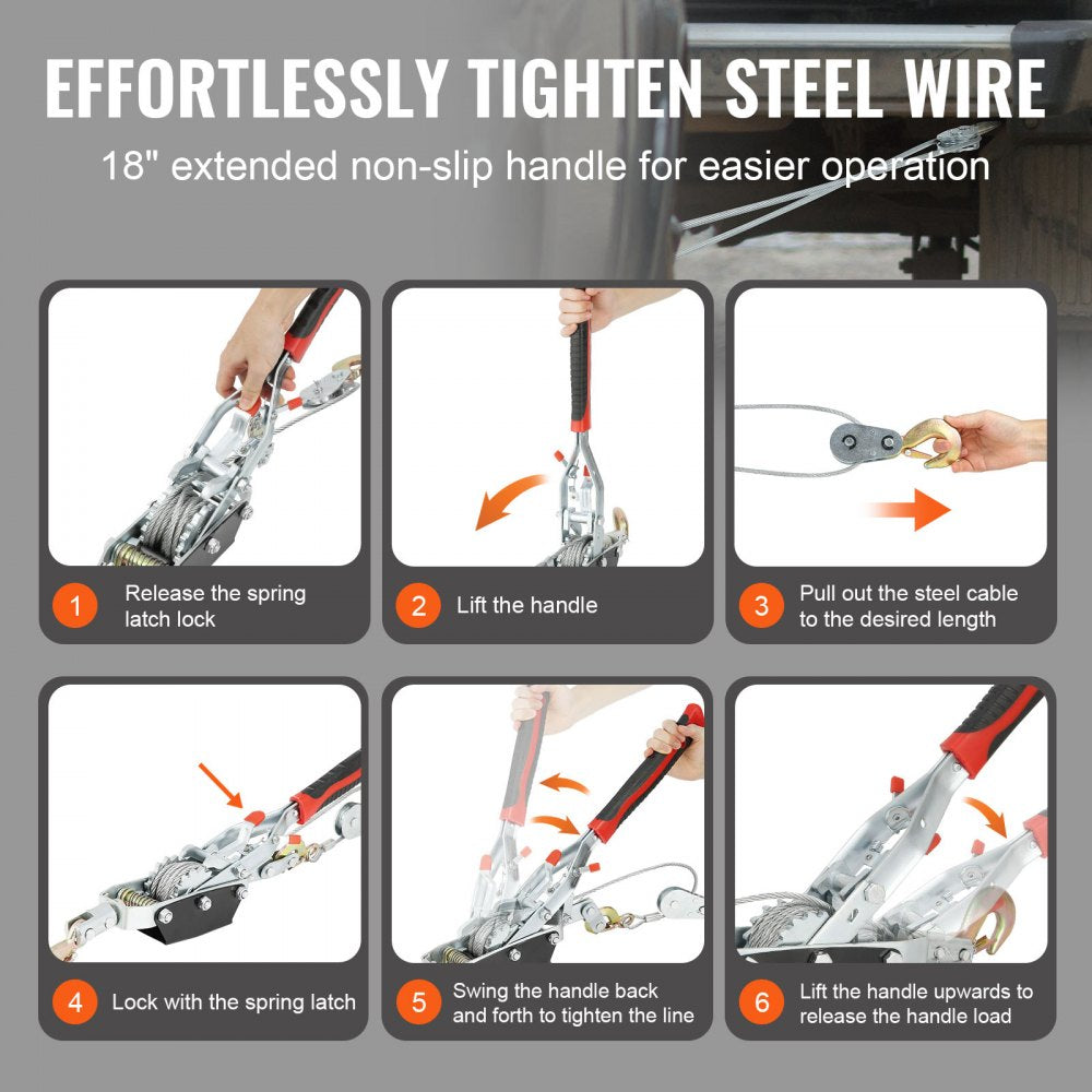 VEVOR Come Along Winch, 4 Ton (8,818 lbs) Pulling Capacity, 10 ft Steel Cable, 3 Hooks, Heavy Duty Ratchet Power Puller Tool with Dual Gears, Automotive Hoist Cable Puller Ideal for Vehicle Rescue 