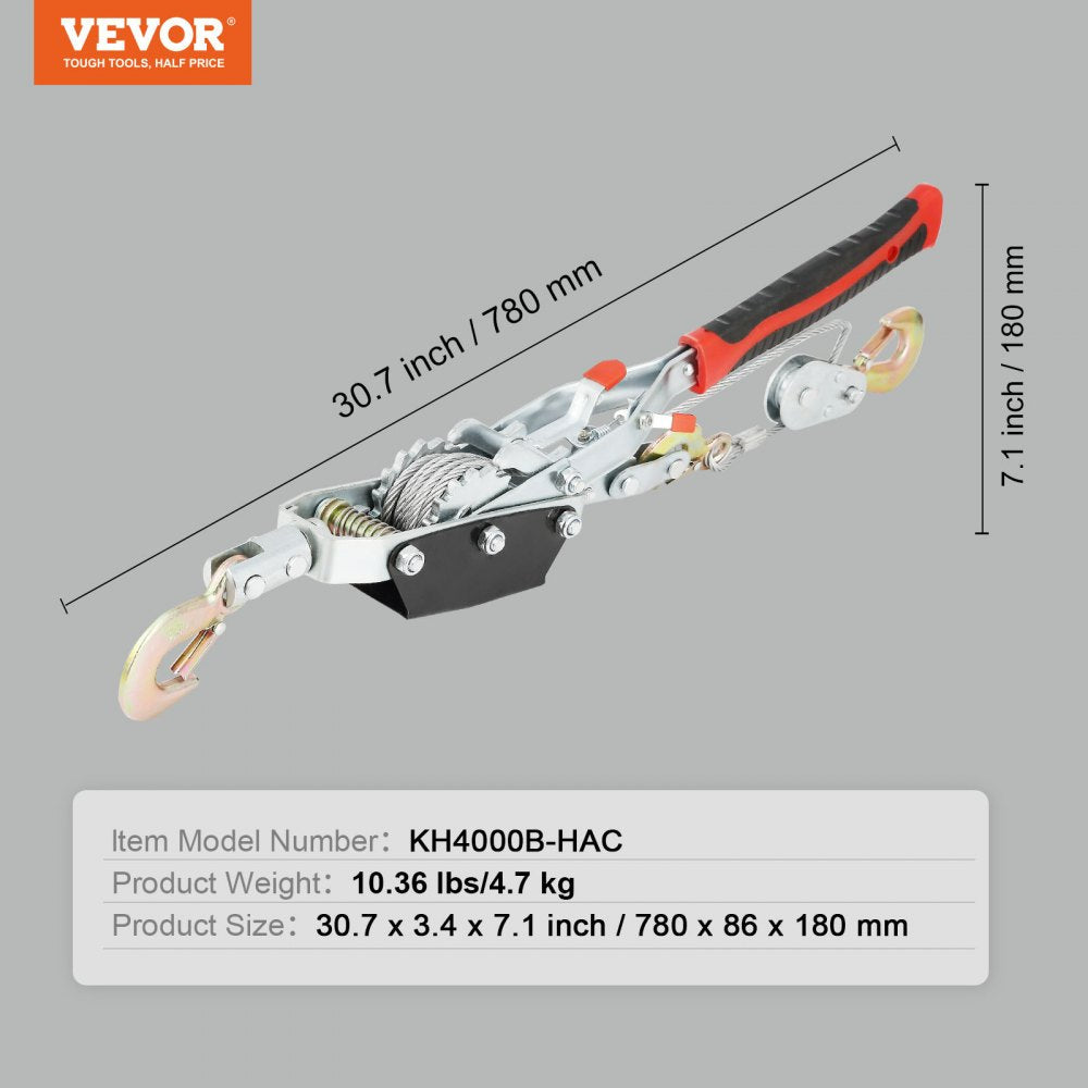 VEVOR Come Along Winch, 4 Ton (8,818 lbs) Pulling Capacity, 10 ft Steel Cable, 3 Hooks, Heavy Duty Ratchet Power Puller Tool with Dual Gears, Automotive Hoist Cable Puller Ideal for Vehicle Rescue 