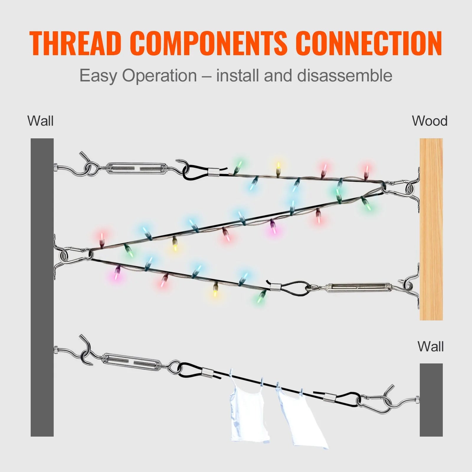 VEVOR Vinyl Coated Wire Rope Kit, 3/32 Cable Through 1/16 Diameter Stainless Steel, 7x7 Strands Construction with 189 Accessories for String Lights, Clothesline, Vine, 164 ft Black