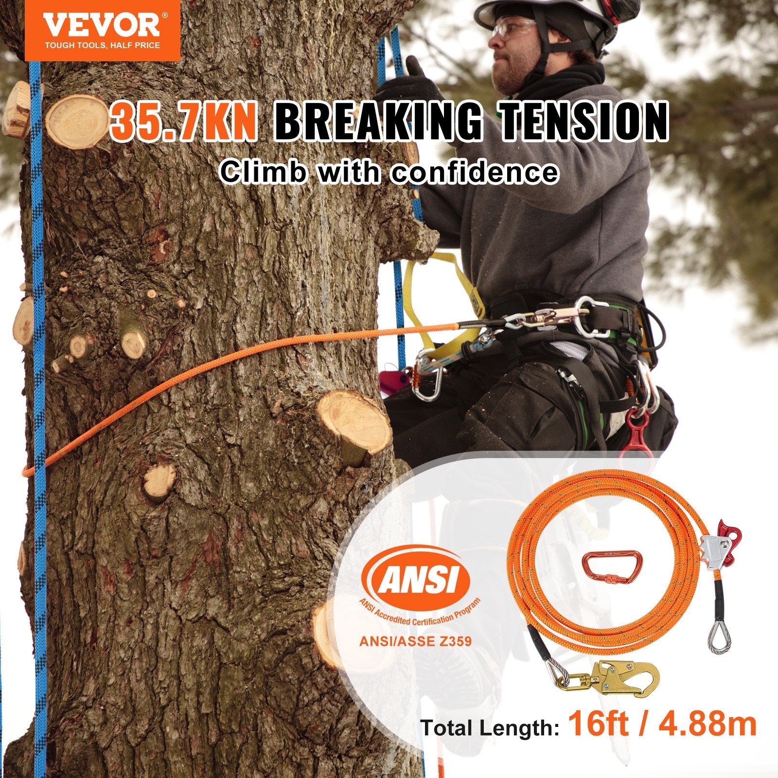 VEVOR 12.7mm Steel Core Flipline 16ft(4.8m) Arborist Flipline for Fall Protection 