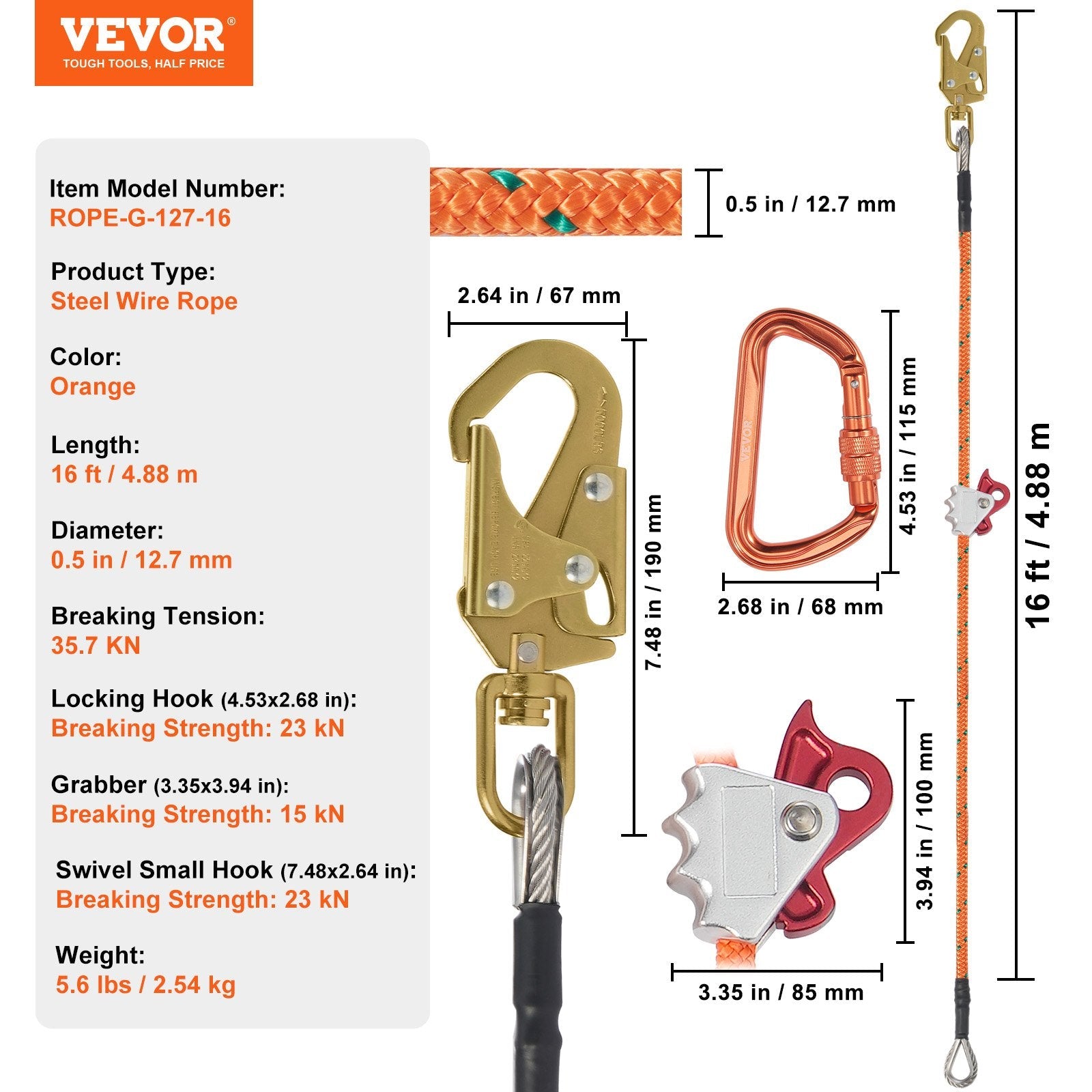VEVOR 12.7mm Steel Core Flipline 16ft(4.8m) Arborist Flipline for Fall Protection 