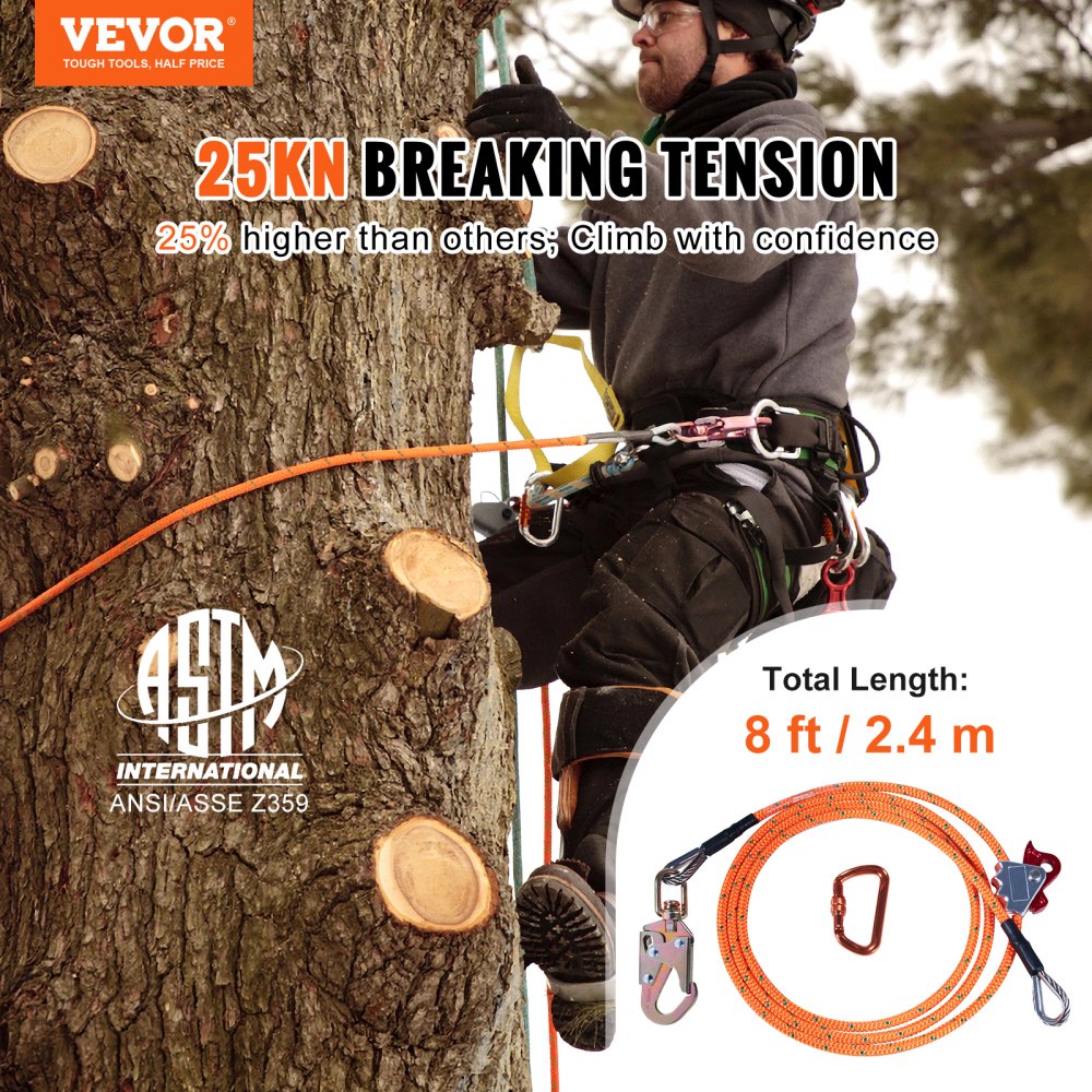 VEVOR Steel Core flipline, 1/2" x 8' Arborist Flipline, Flip Line for Tree Climbing with Alloy Steel Snap Hook, Aluminum Alloy Carabiner and Extra Tool Lanyard, for Arborist, Tree Climbers 