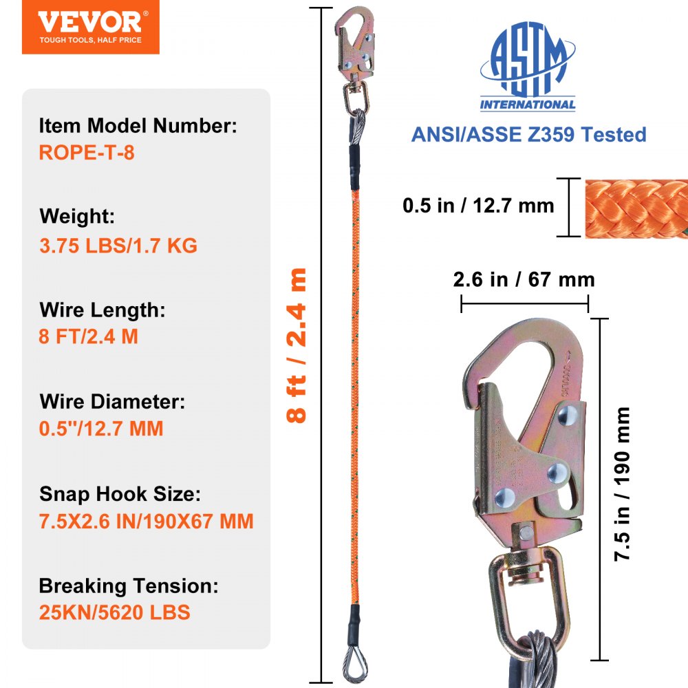 VEVOR Steel Core flipline, 1/2" x 8' Arborist Flipline, Flip Line for Tree Climbing with Alloy Steel Snap Hook, Aluminum Alloy Carabiner and Extra Tool Lanyard, for Arborist, Tree Climbers 