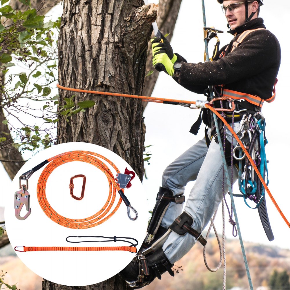 VEVOR Steel Core flipline, 1/2" x 8' Arborist Flipline, Flip Line for Tree Climbing with Alloy Steel Snap Hook, Aluminum Alloy Carabiner and Extra Tool Lanyard, for Arborist, Tree Climbers 