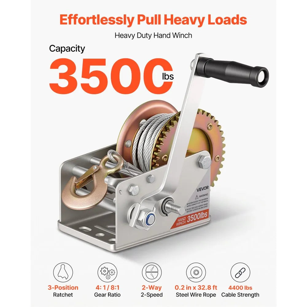 Boat Trailer Hand Winch 3500 lb with 32.8 ft Steel Cable | 2-Speed Manual Winch with Two-Way Ratchet & Anti-Slip Handle