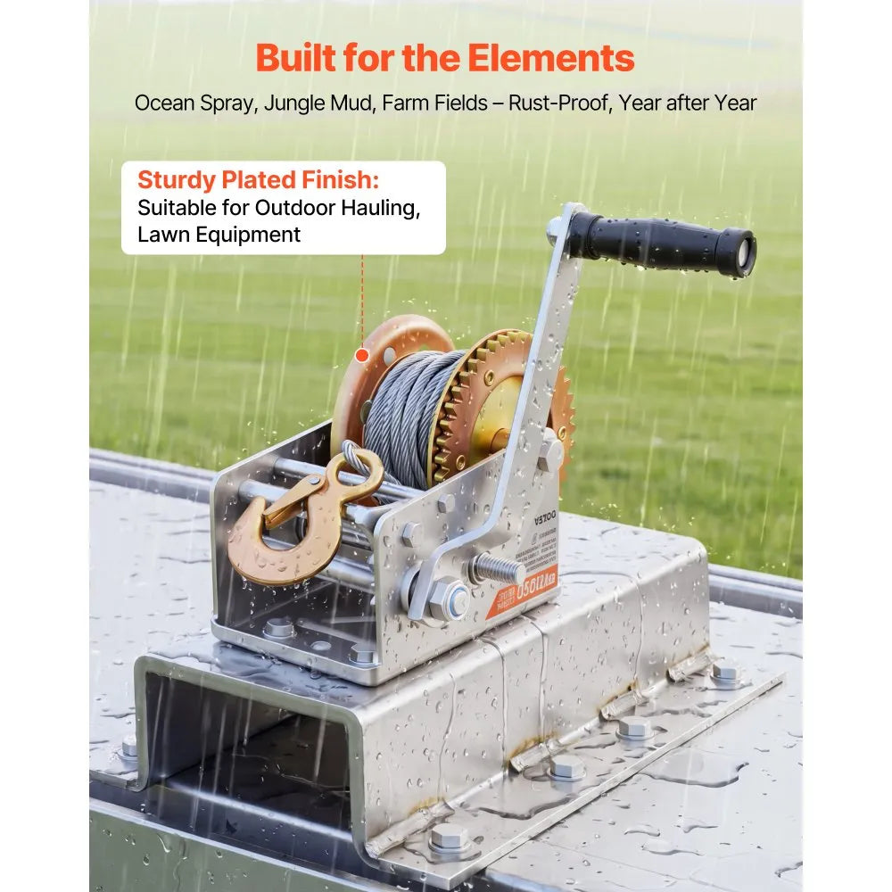 Boat Trailer Hand Winch 3500 lb with 32.8 ft Steel Cable | 2-Speed Manual Winch with Two-Way Ratchet & Anti-Slip Handle