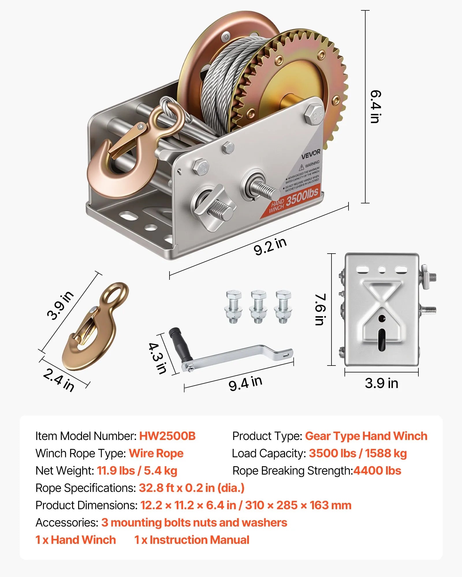 Boat Trailer Hand Winch 3500 lb with 32.8 ft Steel Cable | 2-Speed Manual Winch with Two-Way Ratchet & Anti-Slip Handle